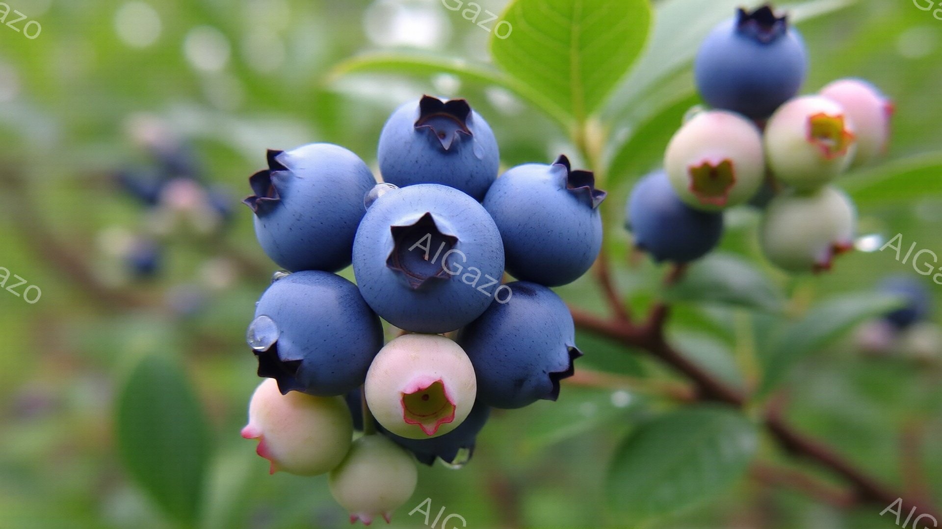 鮮やかな青色のブルーベリーが枝に密集して実っています。まだ緑色の未熟な実と、熟して濃い青色になったものが混ざり合い、生命の躍動を感じさせます。背景には緑色の葉が広がり、自然の中で育つブルーベリーの新鮮さが際立っています。