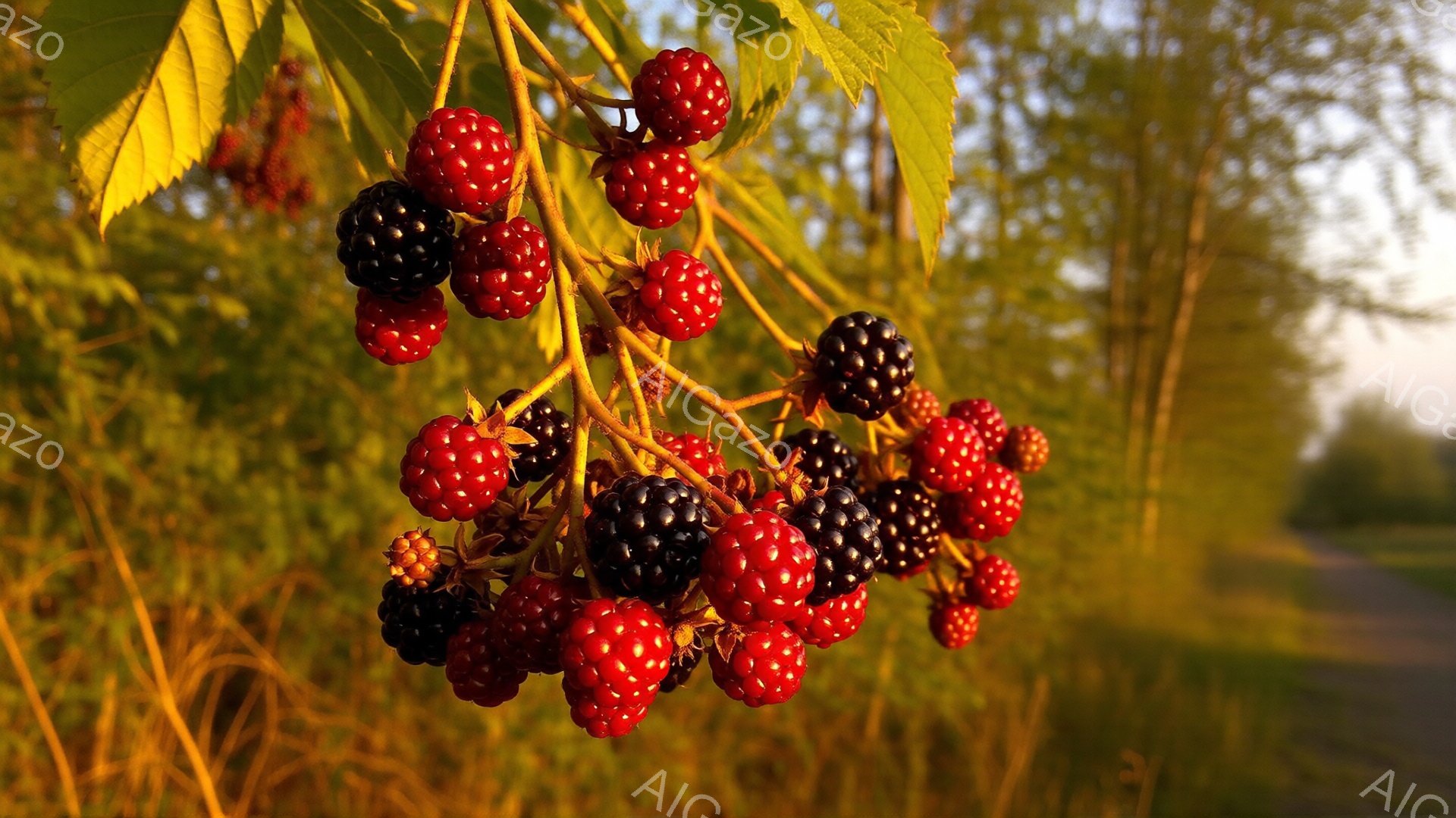 熟したブラックベリーが枝に密集してぶら下がっており、赤から濃い紫色のグラデーションが美しいです。背景には、柔らかい光が差し込む草地とぼやけた木々が見え、穏やかで暖かな雰囲気を感じさせます。全体的に、夕暮れ時の自然の恵みと、夏の日の静けさを表現した写真です。