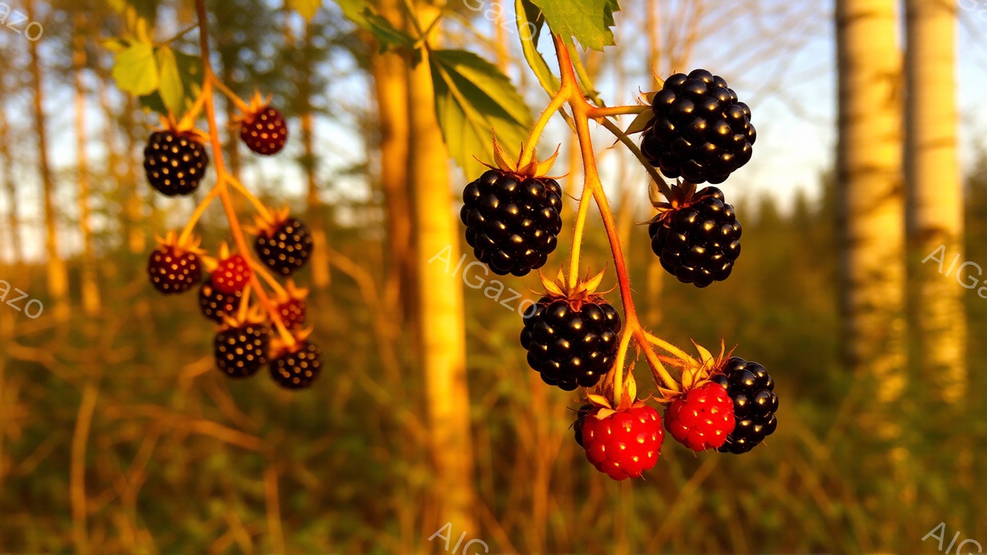 鮮やかな夕日に照らされたブラックベリーの枝が写っている。熟した黒いベリーと、まだ赤いベリーが混ざり合い、草木の緑とのコントラストが美しい。背景にはぼやけた木々のシルエットが見え、暖かい光に包まれた自然 - AI生成フリー素材