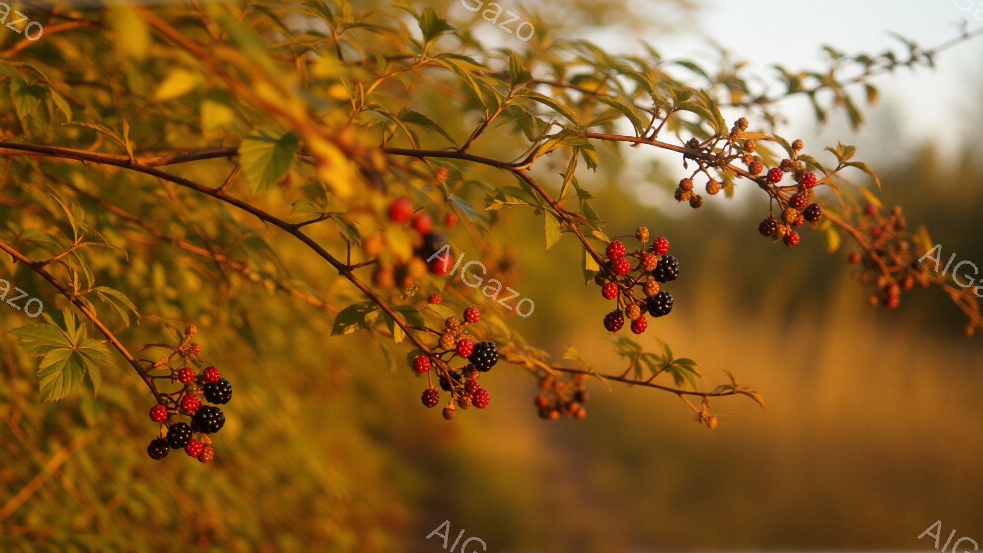 鮮やかな夕日の光に照らされたブラックベリーの枝が写っている。赤から黒へと変化するベリーが密集し、葉は緑と黄金色に輝いている。背景はぼやけており、暖かく穏やかな秋の夕暮れを感じさせる雰囲気である。 - AI生成フリー素材