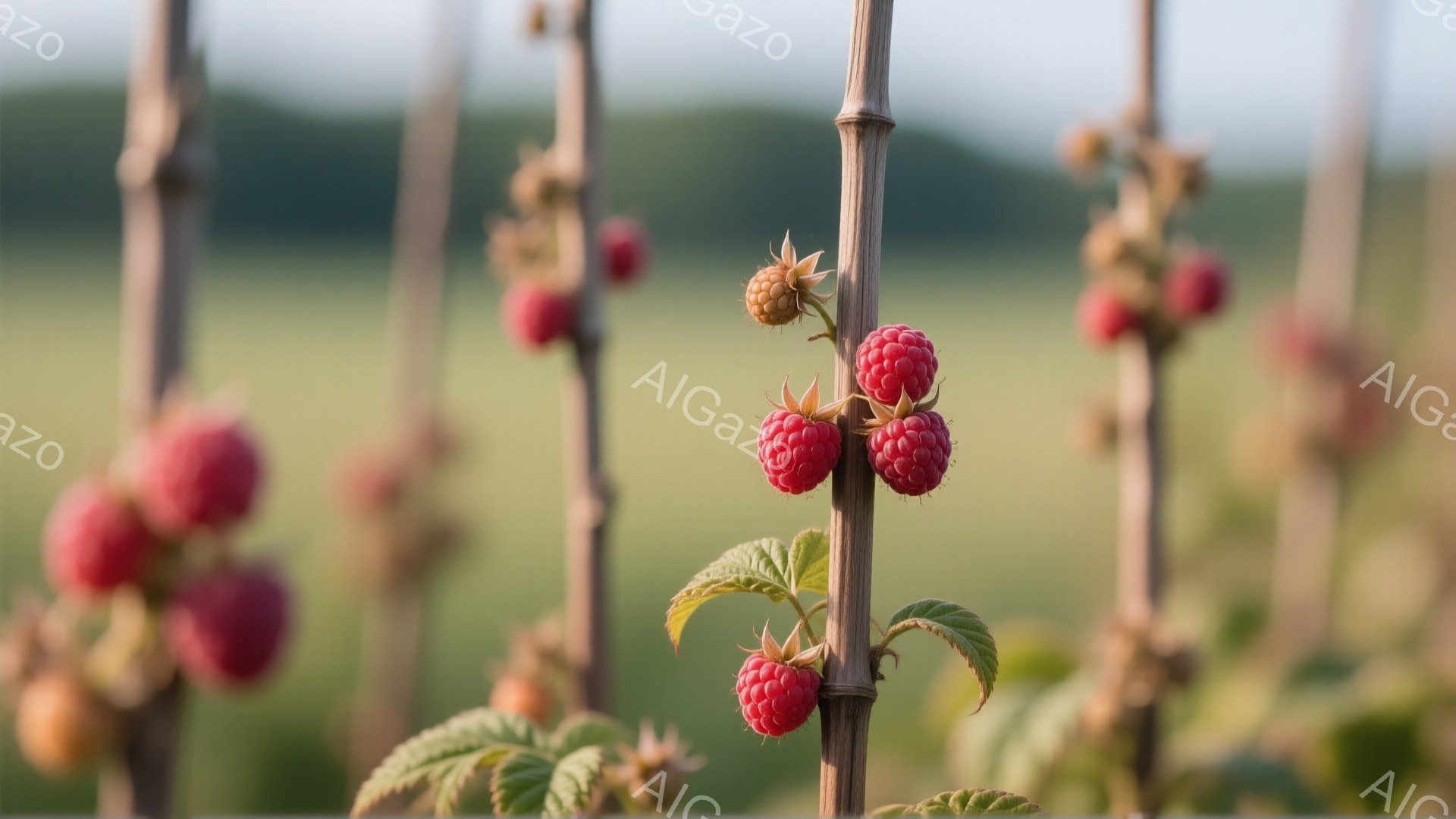 ラズベリーの植物が密集した畑が写っている。赤く熟したラズベリーが茎に沿って点々と並び、緑色の葉が背景にぼやけて見える。全体的に、柔らかく暖かい光が差し込み、夏の穏やかな雰囲気を醸し出している。