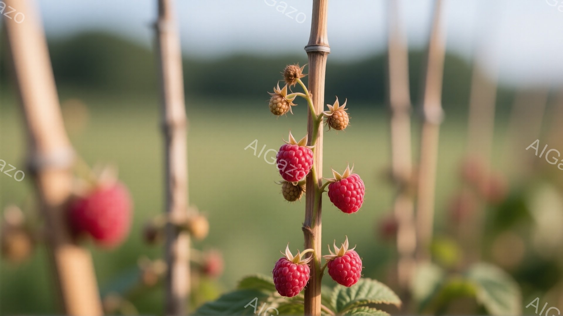 ラズベリーの茎に、熟した赤い実がいくつか並んでぶら下がっている様子が捉えられています。背景は緑色の植物が生い茂る畑で、穏やかな光が差し込み、自然な雰囲気を醸し出しています。全体的に、収穫を間近に控えた自然の恵みを感じさせる、静かで美しい光景です。
