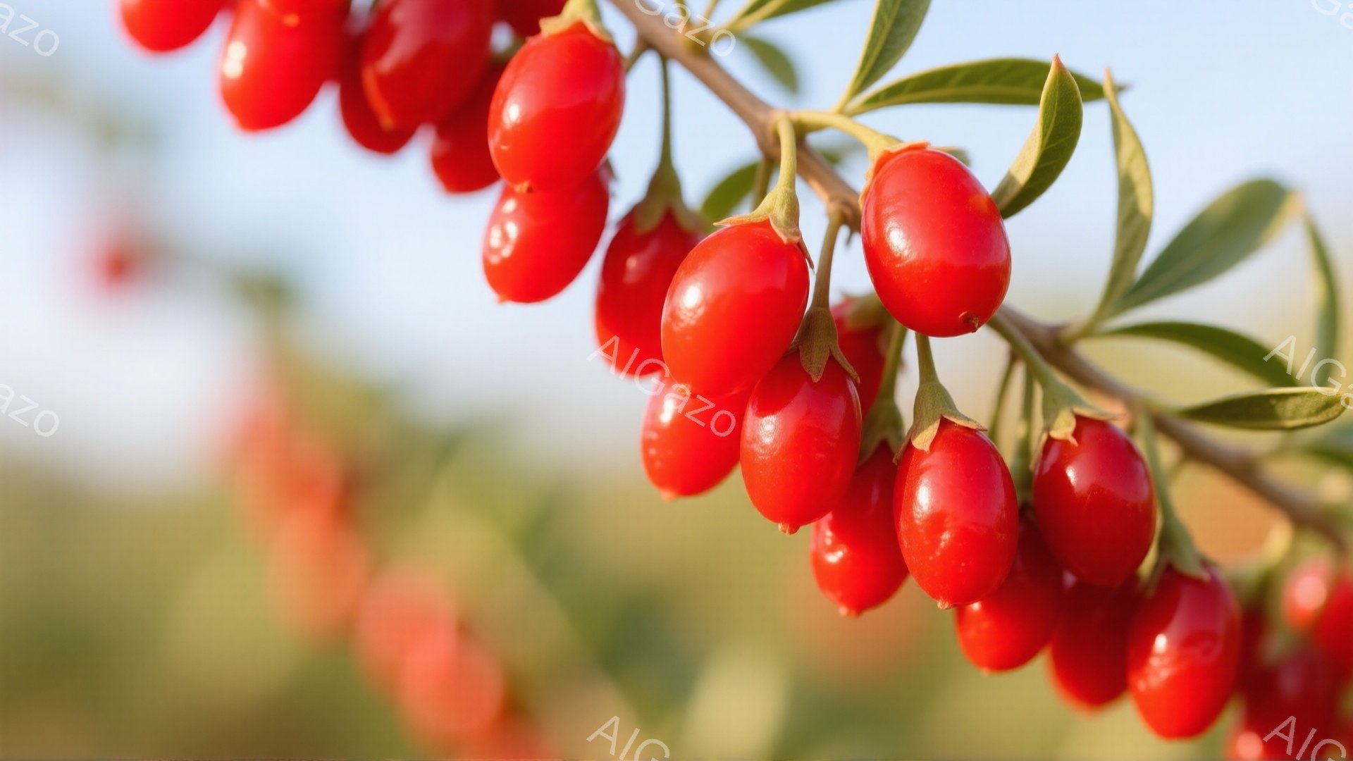 画像は、赤く熟したニシユスギの実が枝に密集している様子を捉えています。背景はぼやけた緑色で、穏やかな晴天の下、自然の中で撮影されたことがわかります。全体的に、鮮やかな色彩と自然の恵みを感じさせる、落ち着いた雰囲気です。