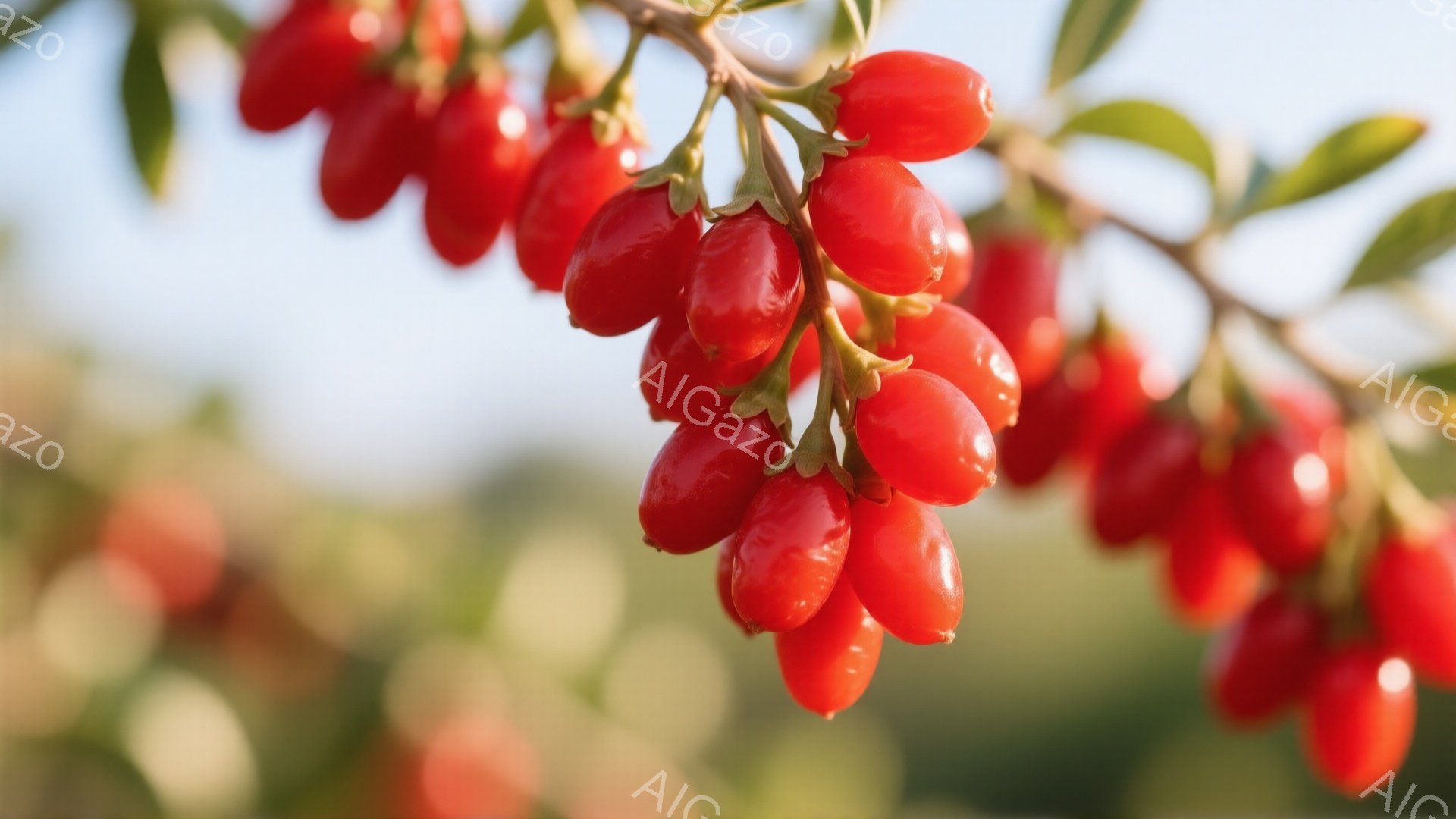 鮮やかな赤い実が枝に密集してぶら下がっているクローズアップ写真です。背景はぼやけており、緑豊かな植物と青空が広がっています。全体的に、自然の恵みを感じさせる、生命力あふれる穏やかな雰囲気が漂っています。