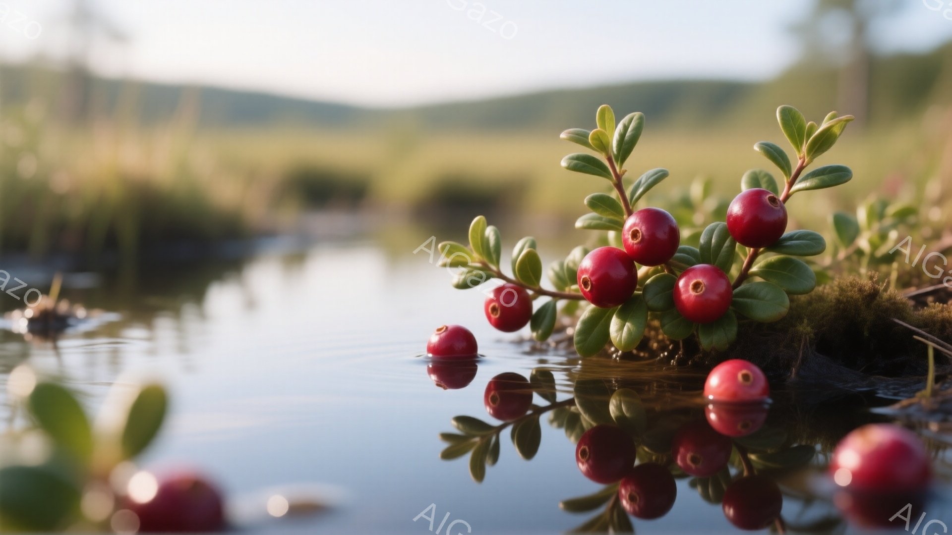 鮮やかな赤い実をつける低木が水面に反射して、まるで二つの世界が並んでいるかのような美しい光景です。水面は穏やかで、周囲の緑と実の赤が対照的で、自然の静けさと生命力を感じさせます。背景にはぼんやりと緑の風景が広がり、まるで絵画のような奥行きのある情景です。