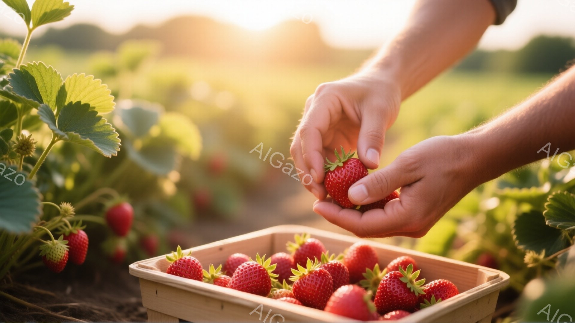 鮮やかな赤いイチゴが木製の箱にたくさん詰まっており、その上にさらに一つイチゴを持つ手が写っています。背景には緑色のイチゴ畑が広がり、夕焼けのような暖かい光が差し込んでいます。全体的に収穫の喜びと自然の - AI生成フリー素材