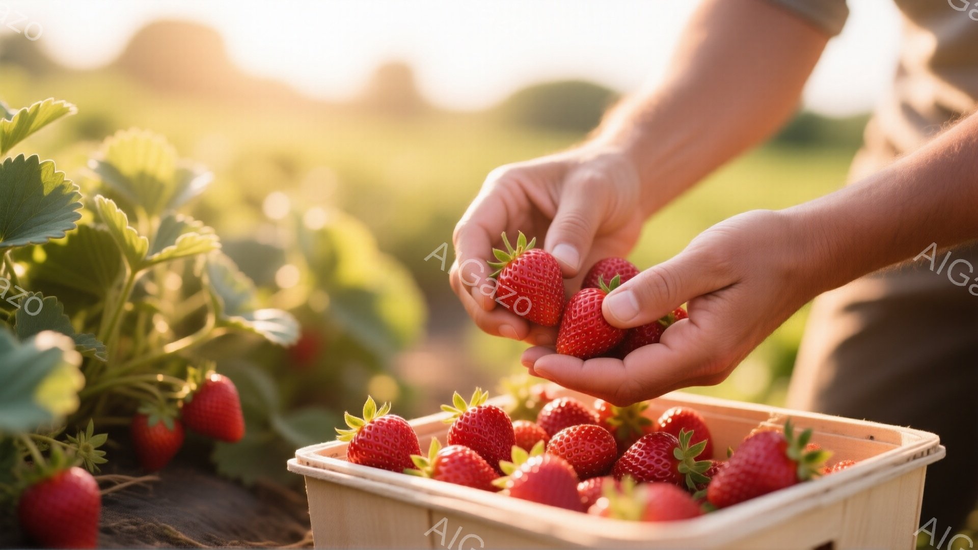 鮮やかな赤いイチゴが収穫された木箱に並べられ、その上にさらに数個のイチゴを手にした人物の腕と手が写っている。背景には緑豊かなイチゴ畑が広がり、夕暮れ時の柔らかな光が全体を包み込んでいる。全体的に豊穣と収穫の喜びを感じさせる、温かみのある雰囲気の写真である。