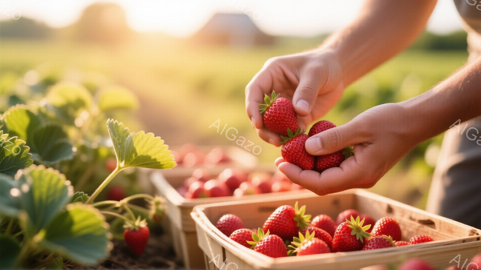 日当たりの良いイチゴ畑で、収穫されたばかりの赤いイチゴを両手に広げている様子が写っている。木製の箱には、すでに収穫された多くのイチゴが並んでおり、背景には緑豊かなイチゴの葉と遠くの田園風景が広がっている。全体的に暖かく、豊穣な収穫の喜びを感じさせる雰囲気である。