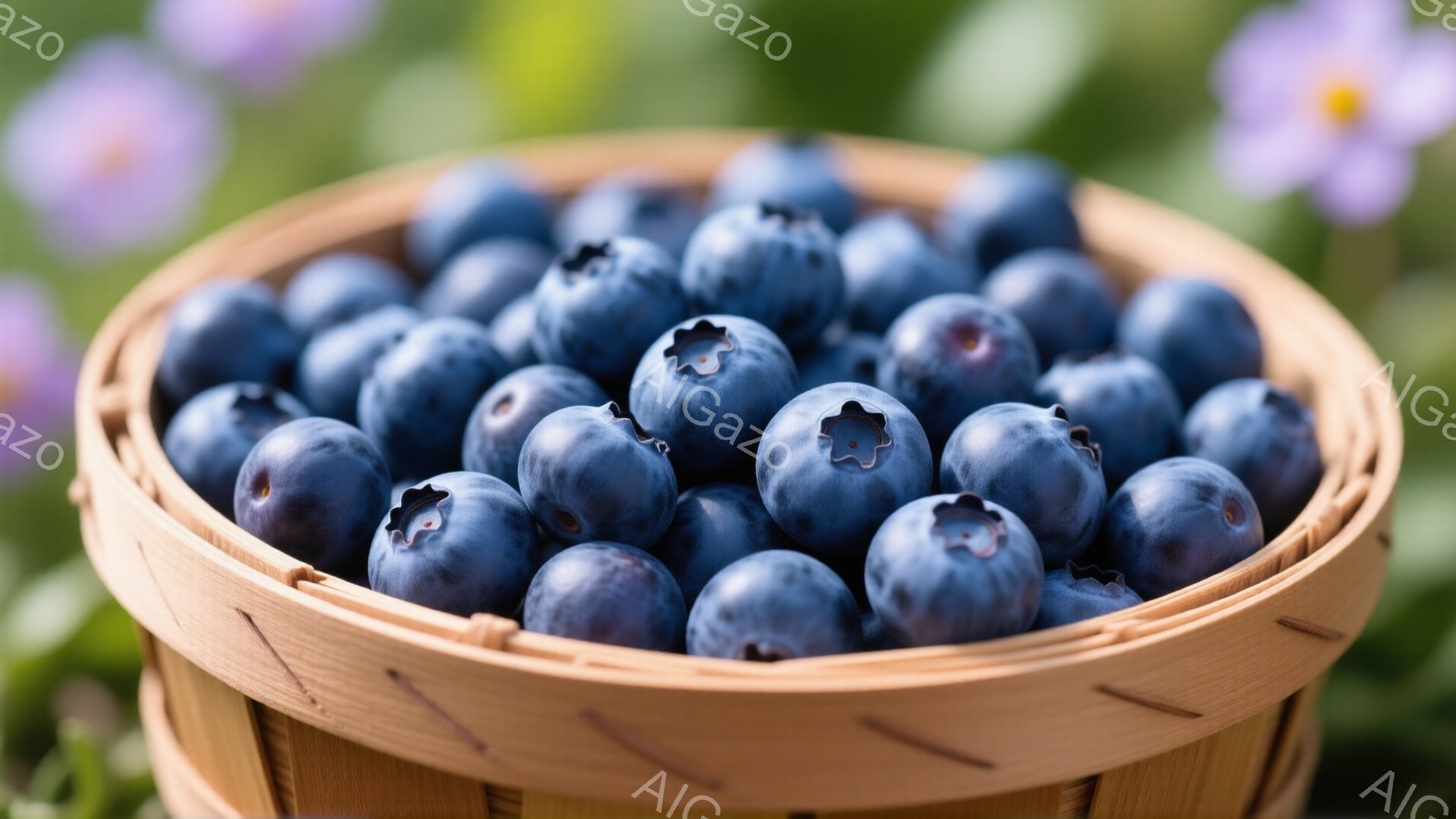 籠いっぱいにブルーベリーがぎっしりと詰まっており、鮮やかな青色が目に飛び込んできます。背景にはぼやけたピンクの花が咲き乱れ、春や夏の豊かな自然を感じさせます。全体的に明るく、みずみずしい印象で、収穫の喜びや新鮮な果実の美味しさを表現しています。
