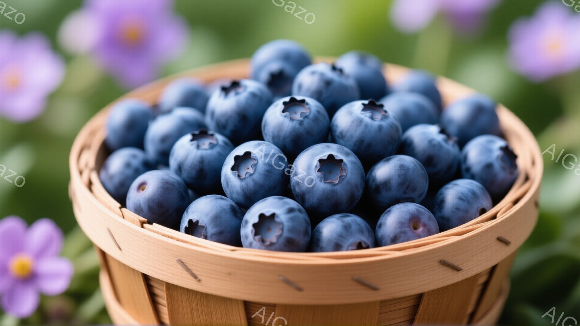 籐で編まれた浅いバスケットに、青いブルーベリーがぎっしりと詰まっています。背景には、ぼやけた紫色の花々が咲き乱れ、自然な光の中で収穫されたばかりの新鮮な雰囲気が漂っています。全体的に、素朴で穏やかな、夏の日の収穫を連想させる静かな光景です。