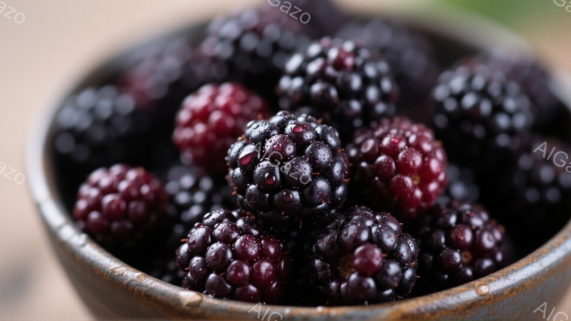 熟したブラックベリーが茶色い器の中にぎっしりと詰まっています。ベリーは丸みを帯びており、表面には小さな粒が見られ、瑞々しい光沢があります。背景はわずかにぼやけており、ベリーの濃い紫色の色合いが際立っています。