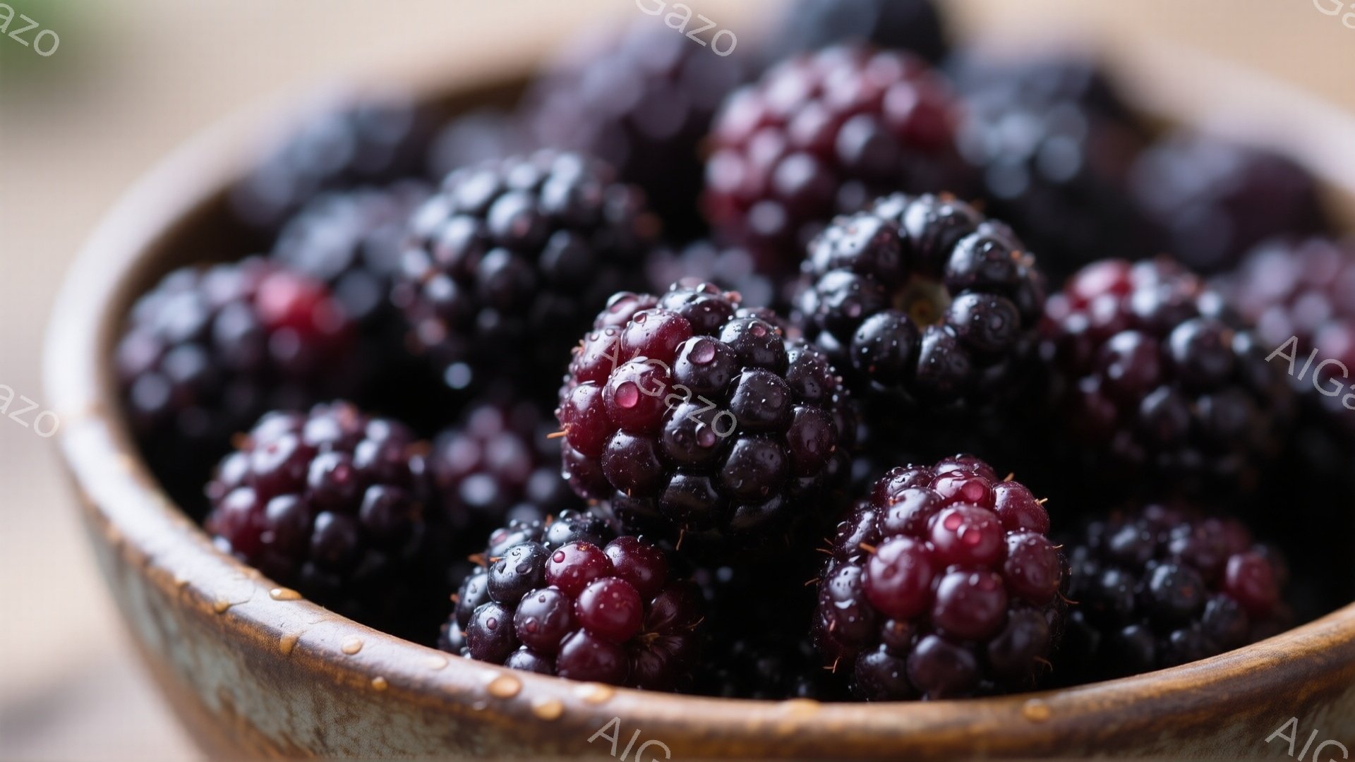 漆黒のブラックベリーが、粗い陶器のような器いっぱいに詰め込まれています。果実は瑞々しく、表面には小さな水滴が光り、新鮮さを強調しています。背景はぼやけていますが、木製のテーブルのようなものが感じられ、自然な雰囲気を醸し出しています。