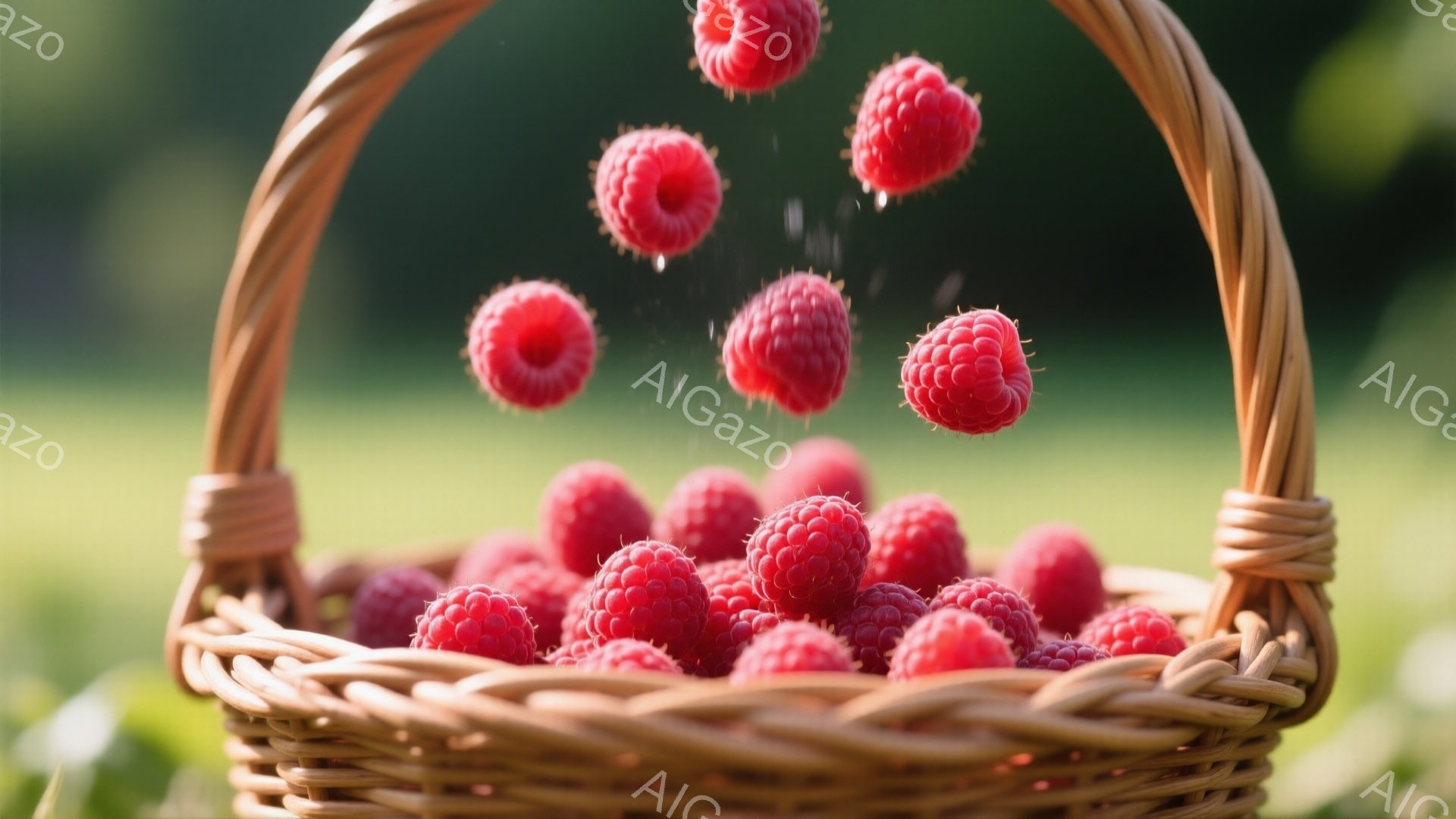 籐で編まれた籠の中に、たくさんの赤いラズベリーがぎっしりと詰まっています。籠からいくつかラズベリーが飛び出し、空中で舞っている様子が捉えられており、背景には緑色のぼやけた自然が広がっています。全体的に明るく、新鮮で、夏の収穫を連想させる雰囲気です。