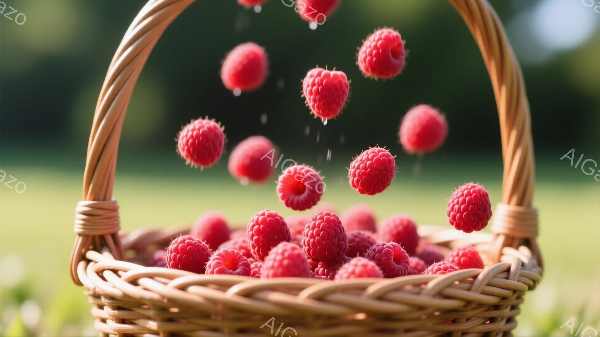籐で編まれたバスケットに、真っ赤なラズベリーがたっぷり入っており、数個は空中に舞い上がっています。背景は鮮やかな緑色の草地で、柔らかな自然光が全体を照らし、果実の鮮やかさを引き立てています。全体的に、豊穣で活気のある夏の風景を表現しており、素朴で温かい雰囲気が感じられます。