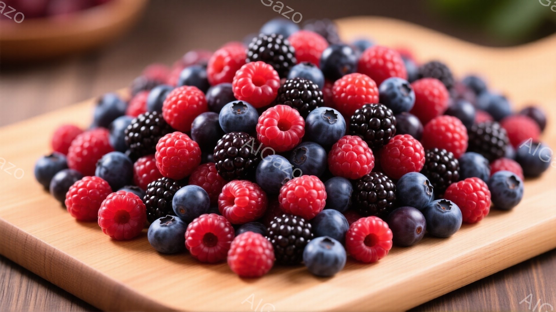 鮮やかな赤色のラズベリー、濃い青色のブルーベリー、そして黒色のブラックベリーが、木製の板の上で密集して並んでいます。果物たちはみずみずしく、表面には光沢があり、まるで宝石のように見えます。背景はぼかされており、果物たちの色彩がより一層際立っています。