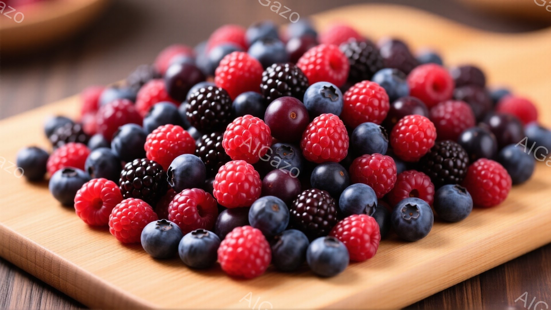 鮮やかな赤いラズベリー、濃い青色のブルーベリー、黒色のブラックベリーが木製の板の上にごろっとと積まれています。果物たちはそれぞれ丸みを帯びており、瑞々しく、食欲をそそる様子が伝わってきます。背景には木目が見え、全体的にナチュラルで健康的な雰囲気が漂っています。
