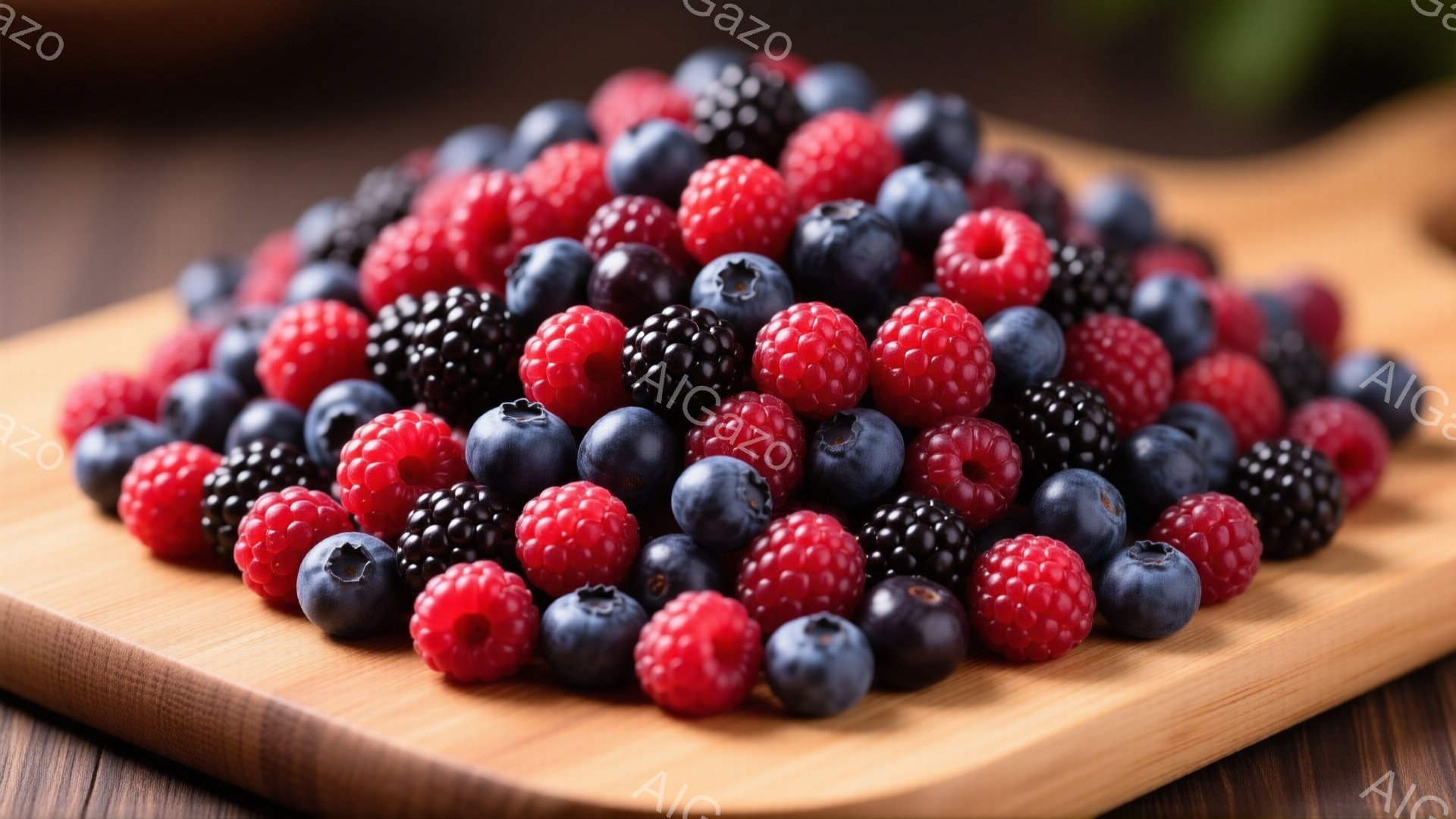 鮮やかなラズベリー、ブルーベリー、ブラックベリーが木製のボード上に密集して並べられています。果物は赤、青、黒の色合いで、新鮮でジューシーな印象を与えます。ボードの木目と果物のコントラストが、自然で食欲をそそる雰囲気を醸し出しています。