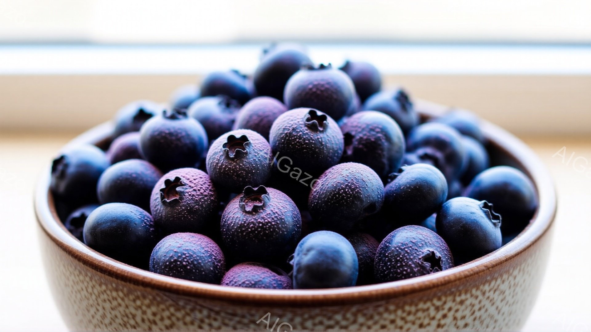 茶色いボウルにたくさんのブルーベリーがぎっしりと詰まっています。ブルーベリーは表面に白い粉をまとい、新鮮で甘そうな印象を与えます。背景はぼやけていますが、自然光が入る窓辺のような場所で撮影されているようです。