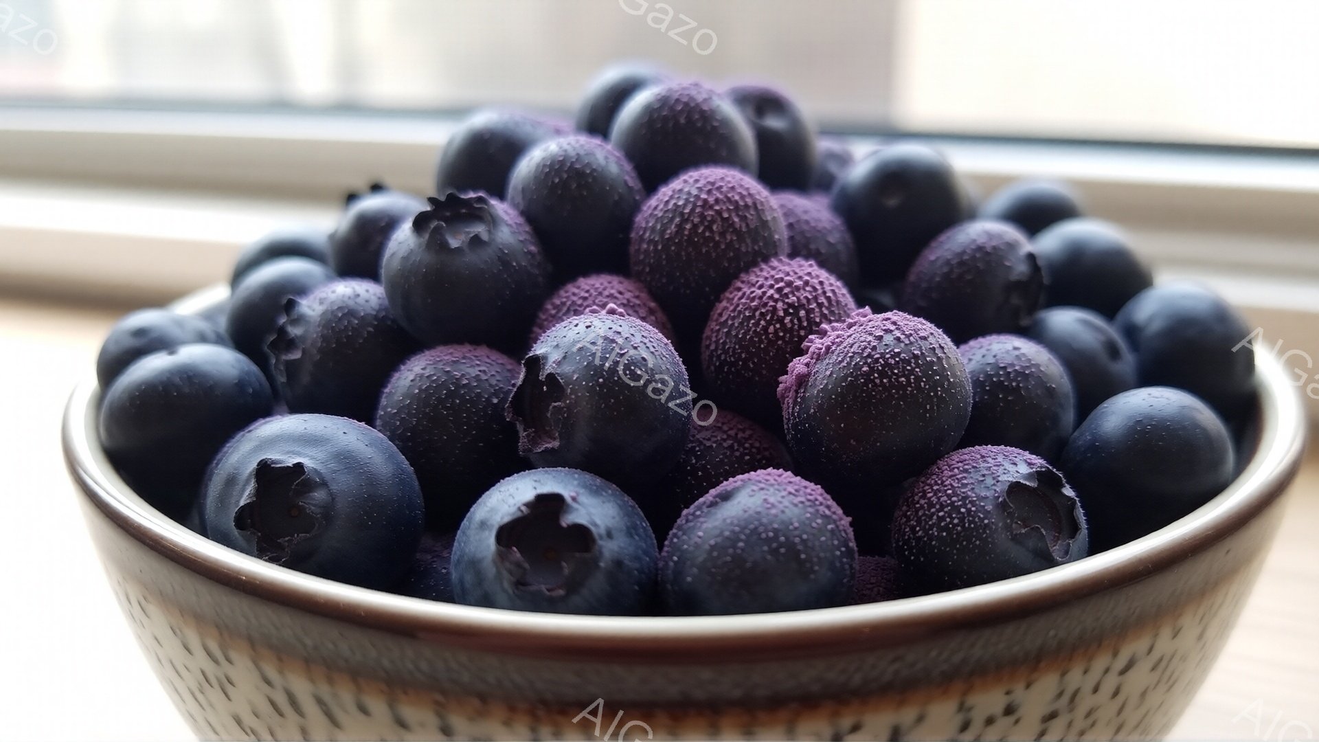 陶器のような茶色いボウルに、たくさんの青いベリーがぎっしりと詰まっています。ベリーは表面に細かい白い粉をまとい、まるで霜が降りたような印象を与えます。背景はぼやけていますが、木製のテーブルの上にあることがわかります。
