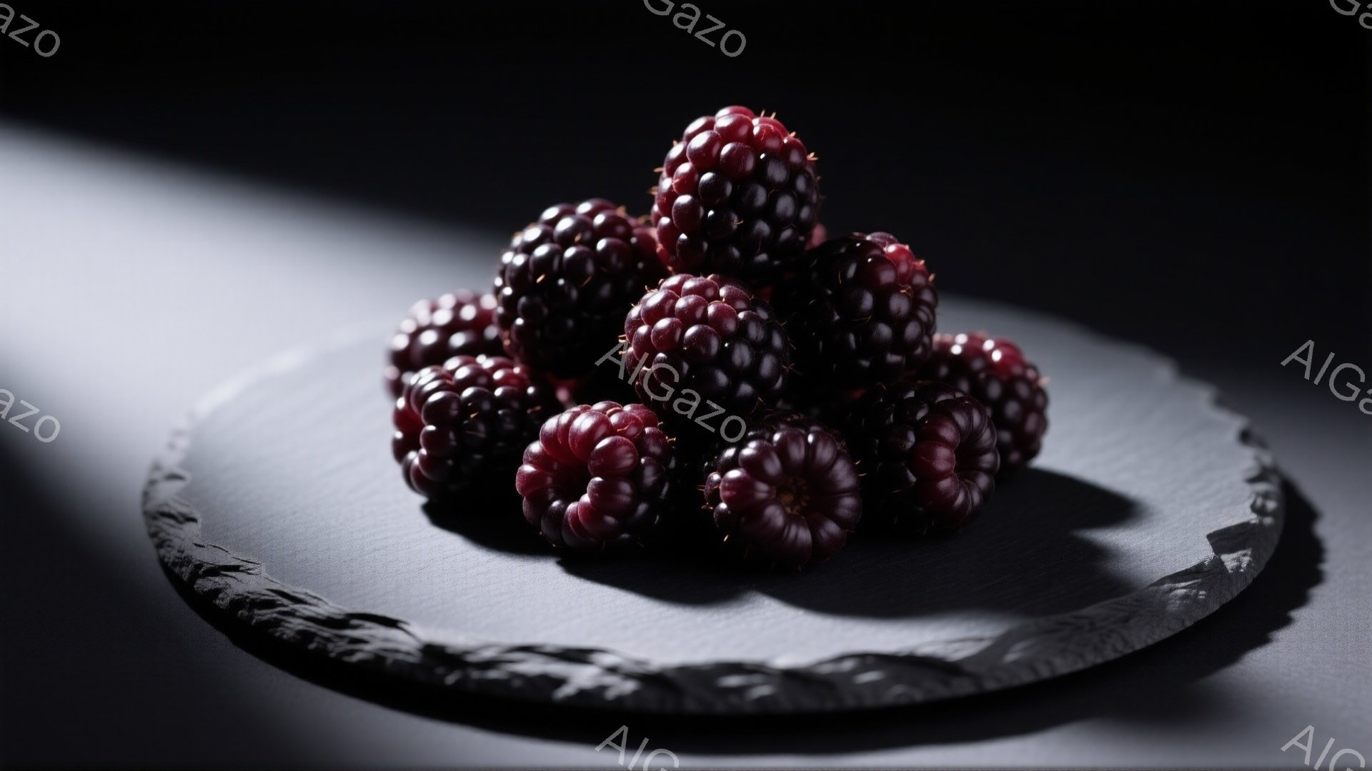 濃い紫色をしたブラックベリーが、ざらざらとした黒い皿の上に盛られています。光が左上から差し込み、ベリーの表面にハイライトを作り出し、質感と立体感を強調しています。背景は暗く、ベリーが際立っており、料理写真としての洗練された雰囲気が漂います。