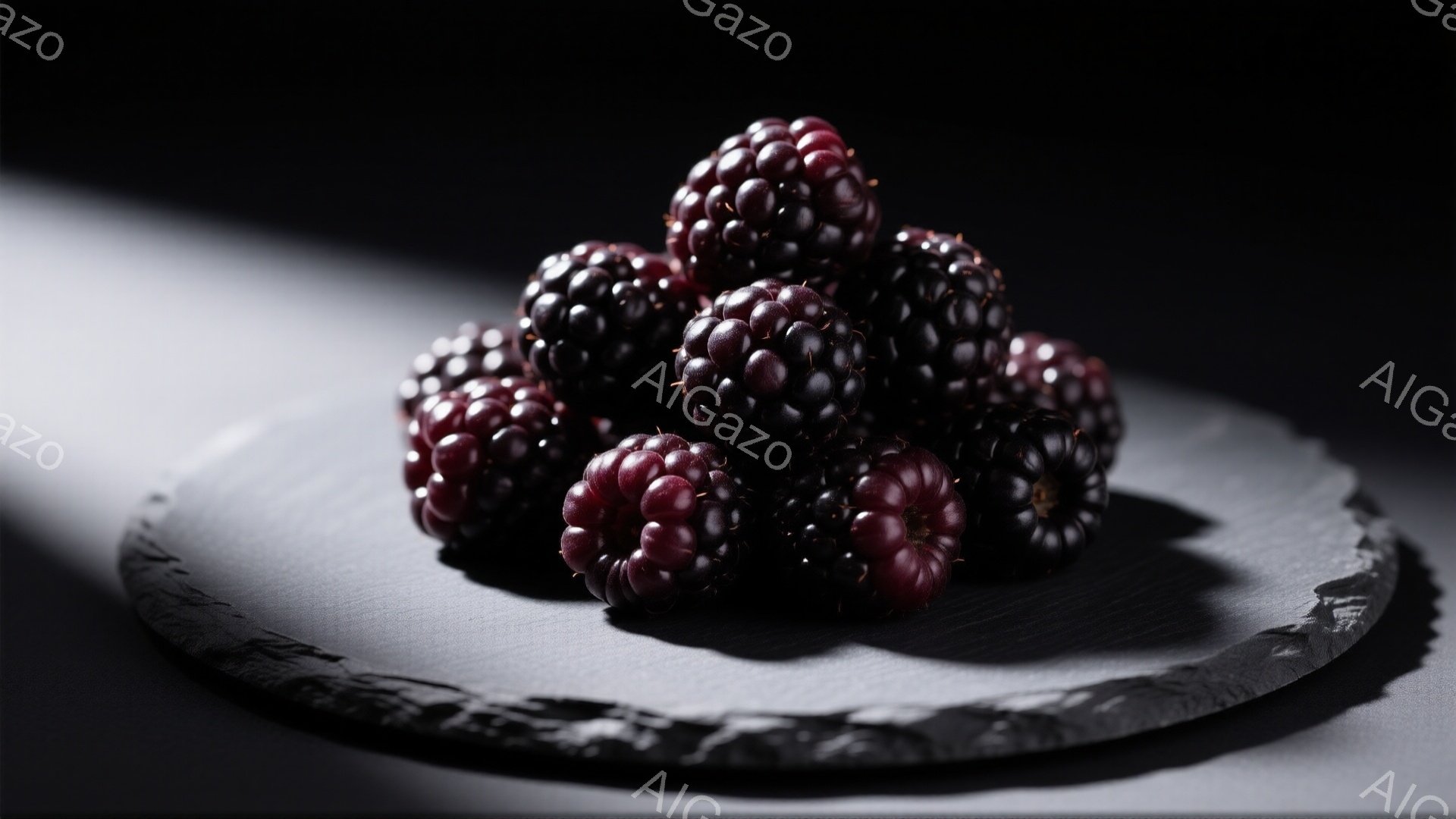 熟したブラックベリーが、黒いスレートのような皿の上に積み上げられています。強い光が左上から当たり、ベリーの質感と影を強調しています。背景は暗く、ベリーの濃い紫色が際立って見え、落ち着いた雰囲気を作り出しています。