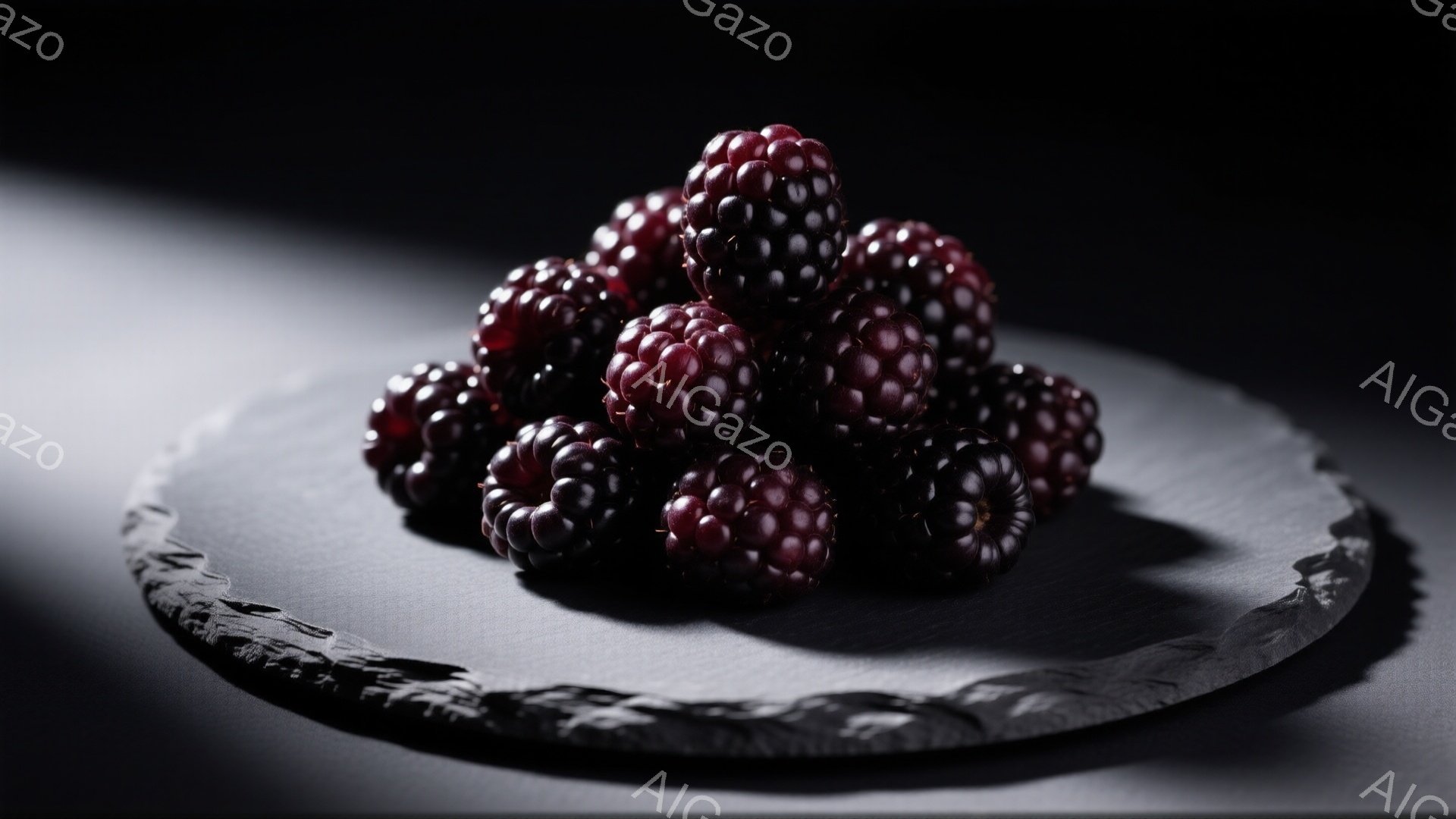 漆黒の背景に、艶やかな黒色のブラックベリーが盛られた石板が写っている。果実は密集し、丸みを帯びた形が特徴的で、光沢があり、新鮮さを感じさせる。全体の雰囲気は、ダークトーンで落ち着いており、果実の持つ自然な美しさを際立たせている。