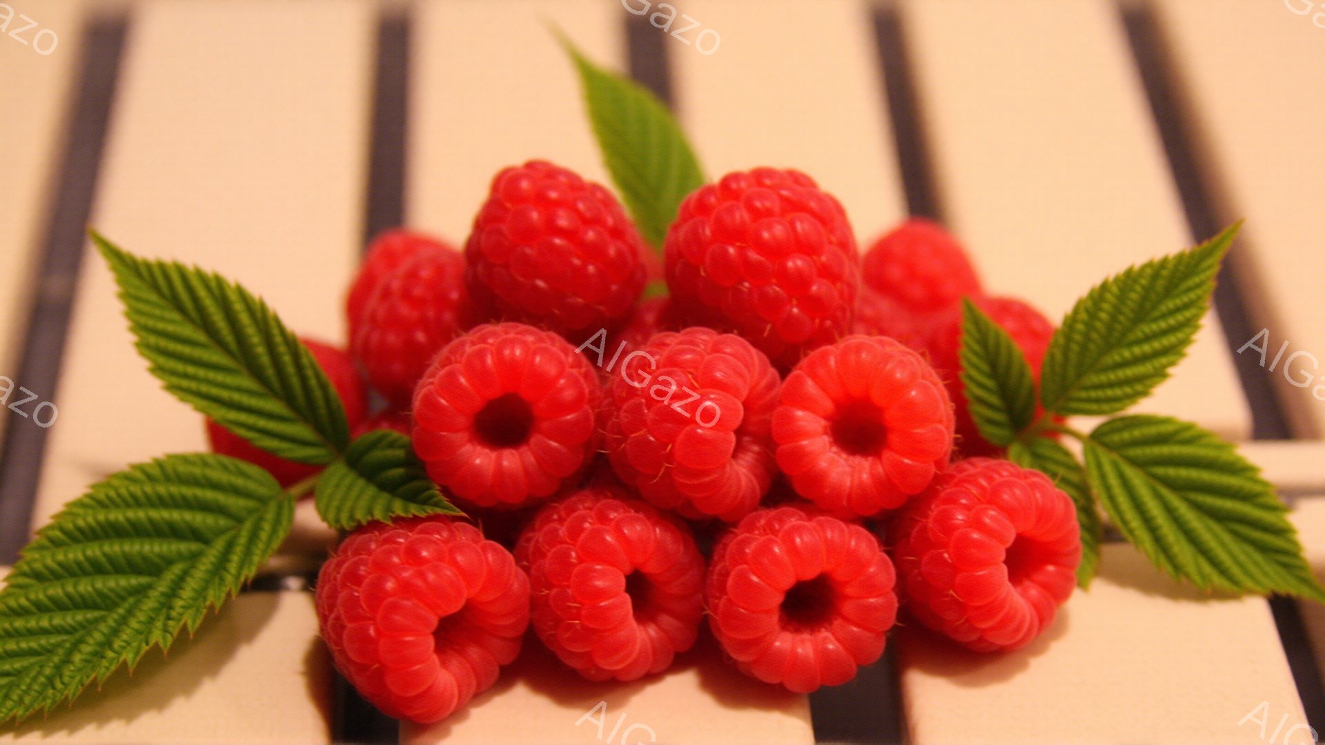 鮮やかな赤いラズベリーが数個、緑の葉に囲まれて配置されています。背景は木製の柵のようなもので、光沢があり、ラズベリーの赤と緑を際立たせています。全体的に、新鮮で自然な雰囲気を醸し出しており、果物の美味しさを引き立てています。