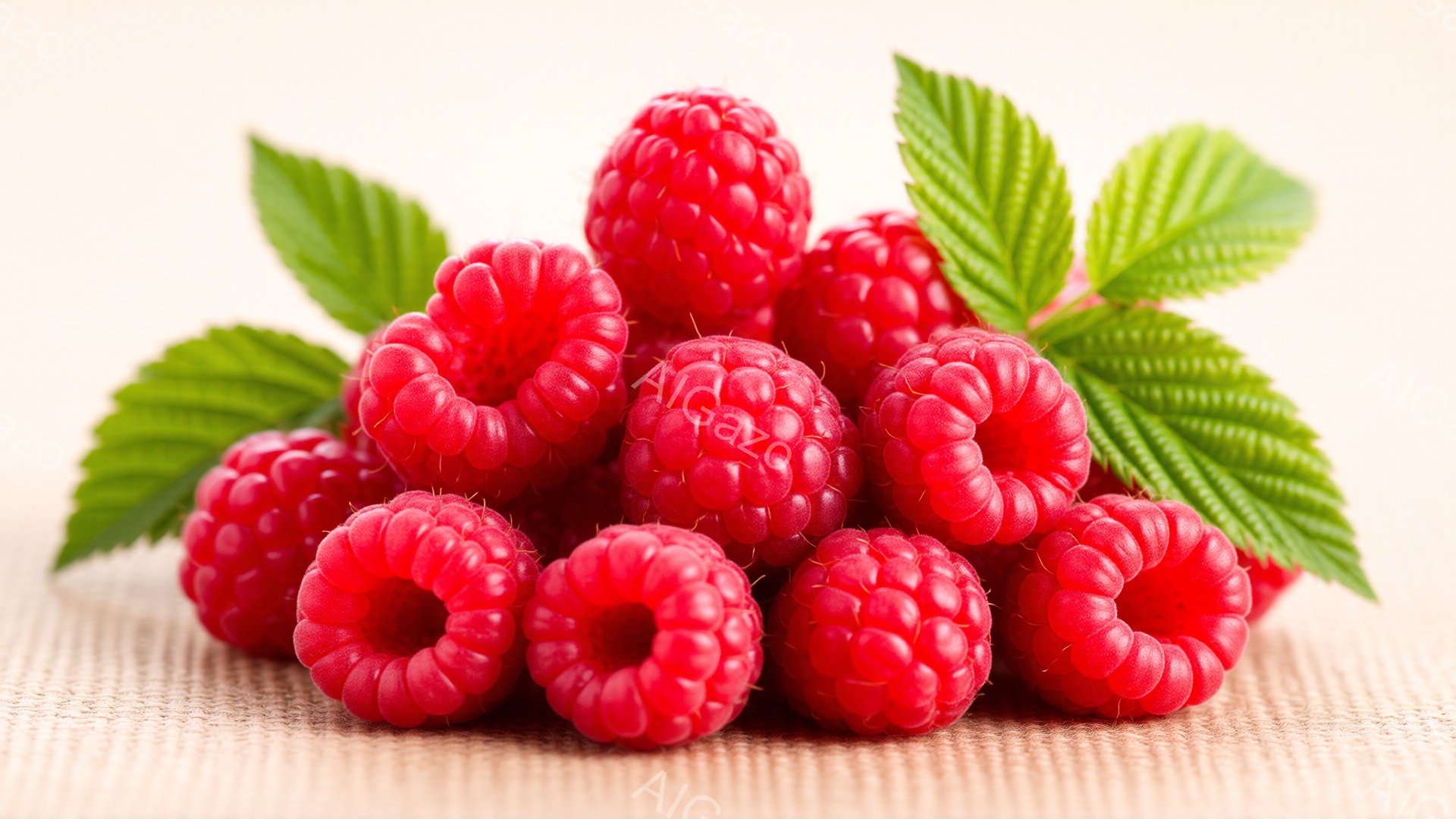 鮮やかな赤色のラズベリーが、粗い麻布のような背景の上に集まって配置されている。葉っぱの緑色が、ラズベリーの赤色を引き立て、全体的に自然で新鮮な印象を与える。果実の表面には細かい突起があり、みずみずしさを感じさせる。