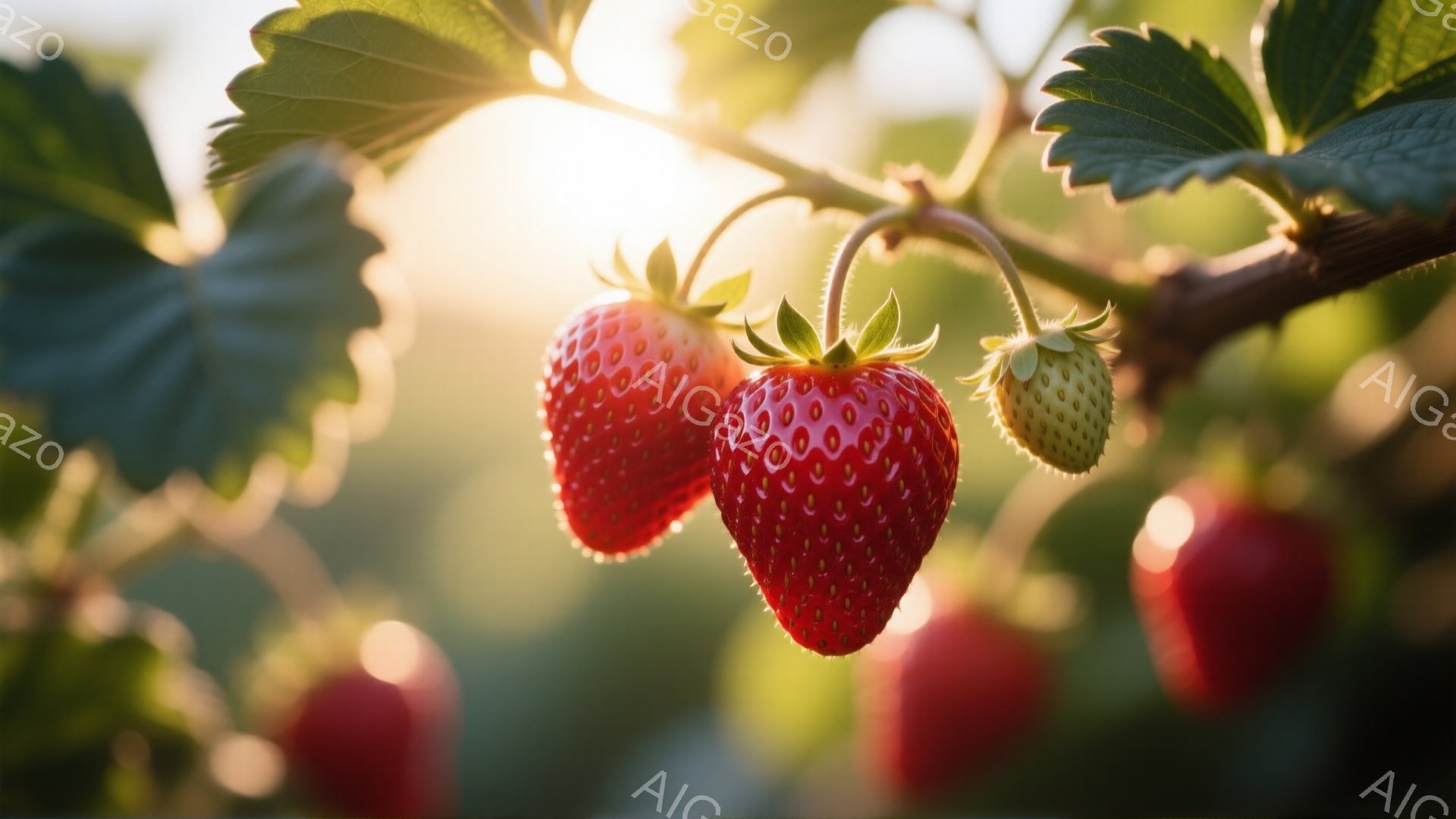 鮮やかな赤いイチゴが、緑の葉に囲まれて枝にぶら下がっている様子が捉えられています。背景には、他のイチゴや緑豊かな植物がぼんやりと見え、太陽の光が差し込み、暖かく穏やかな雰囲気を醸し出しています。イチゴは瑞々しく、初夏の太陽の下で育っている様子が伝わってきます。