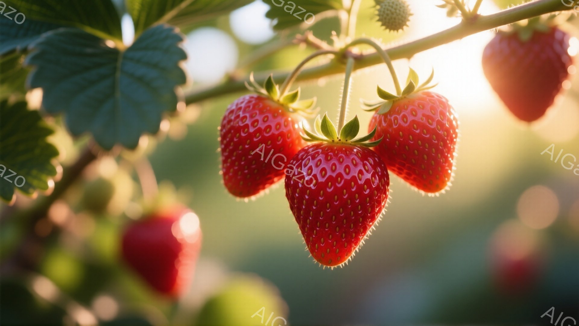 鮮やかな赤いイチゴが、緑色の葉に囲まれて枝に実っています。太陽の光が差し込み、イチゴの表面がキラキラと輝き、背景はぼやけた緑色で、暖かく穏やかな雰囲気が漂います。イチゴは熟れており、甘くてジューシーな味わいを想像させます。