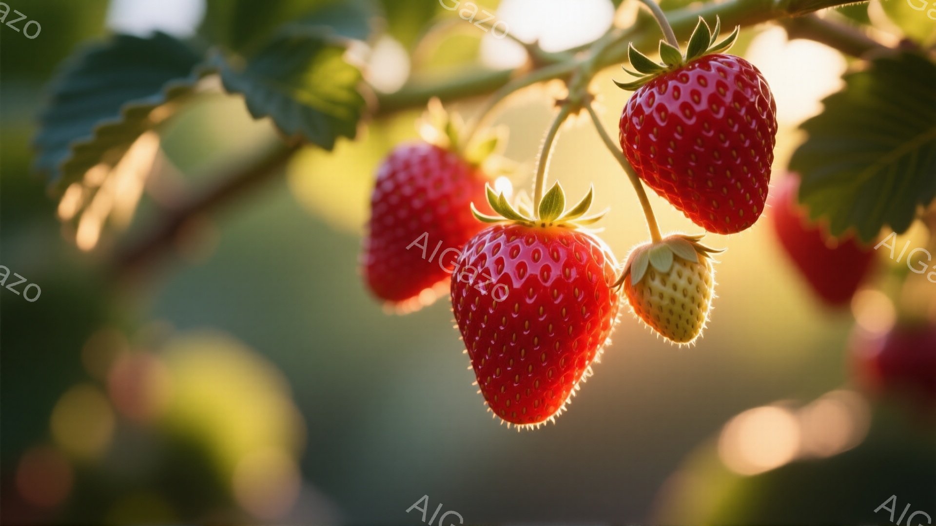 鮮やかな赤いイチゴが、緑の葉に囲まれてぶら下がっている様子が捉えられています。光が葉やイチゴの表面を照らし、瑞々しさを強調しています。背景は明るい緑とぼやけた光で、全体的に爽やかで自然な雰囲気を醸し出しています。