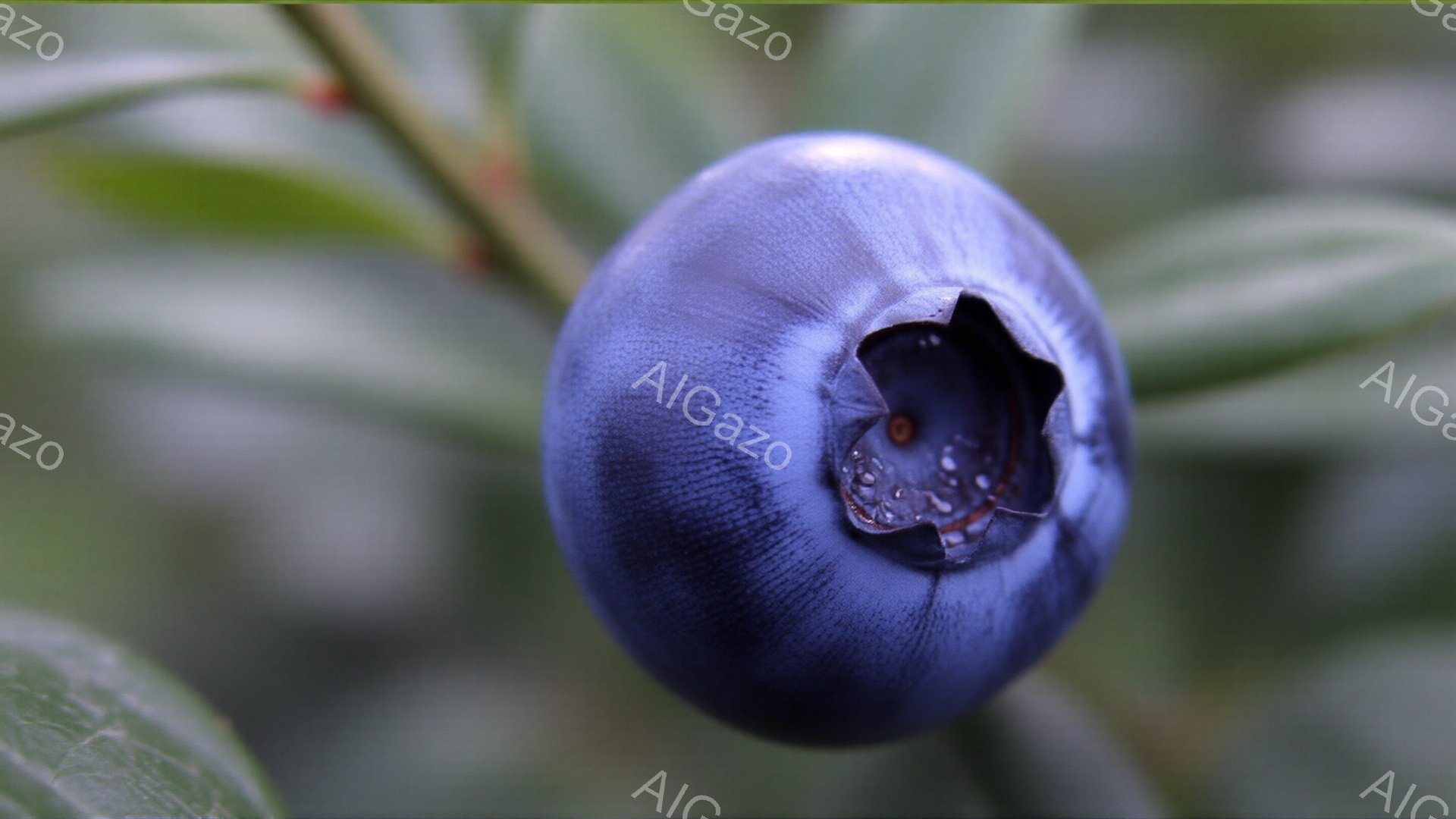 鮮やかな青色のブルーベリーが、緑の葉に囲まれてクローズアップで捉えられています。表面には水滴がつき、みずみずしさを強調しています。背景はぼやけた緑色で、自然の中で採れたばかりの新鮮なベリーの雰囲気を伝えています。