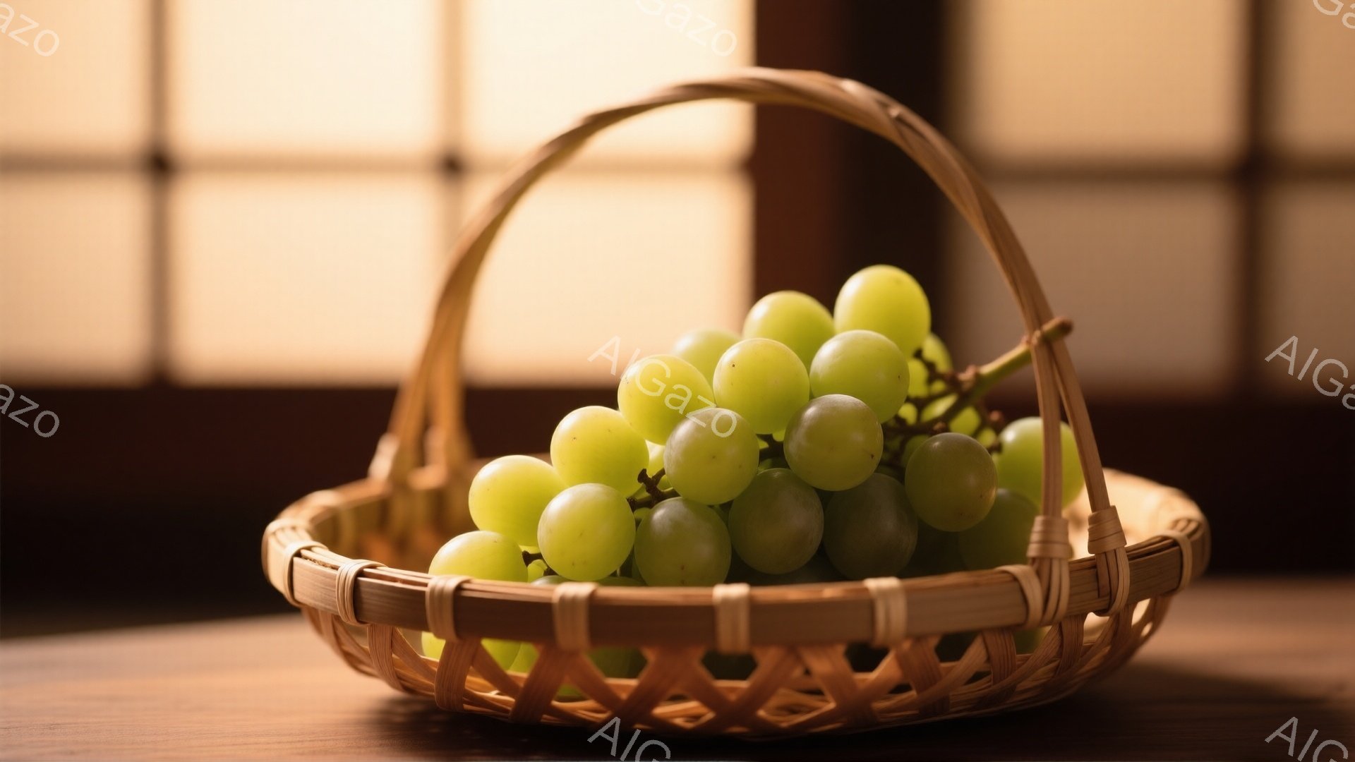 籐編みの籠の中に、緑色のぶどうがたっぷり詰まっている。背景は木製のテーブルと和風の障子で、柔らかな光が差し込んでいる。全体的に、静かで落ち着いた、素朴な雰囲気が漂っている。