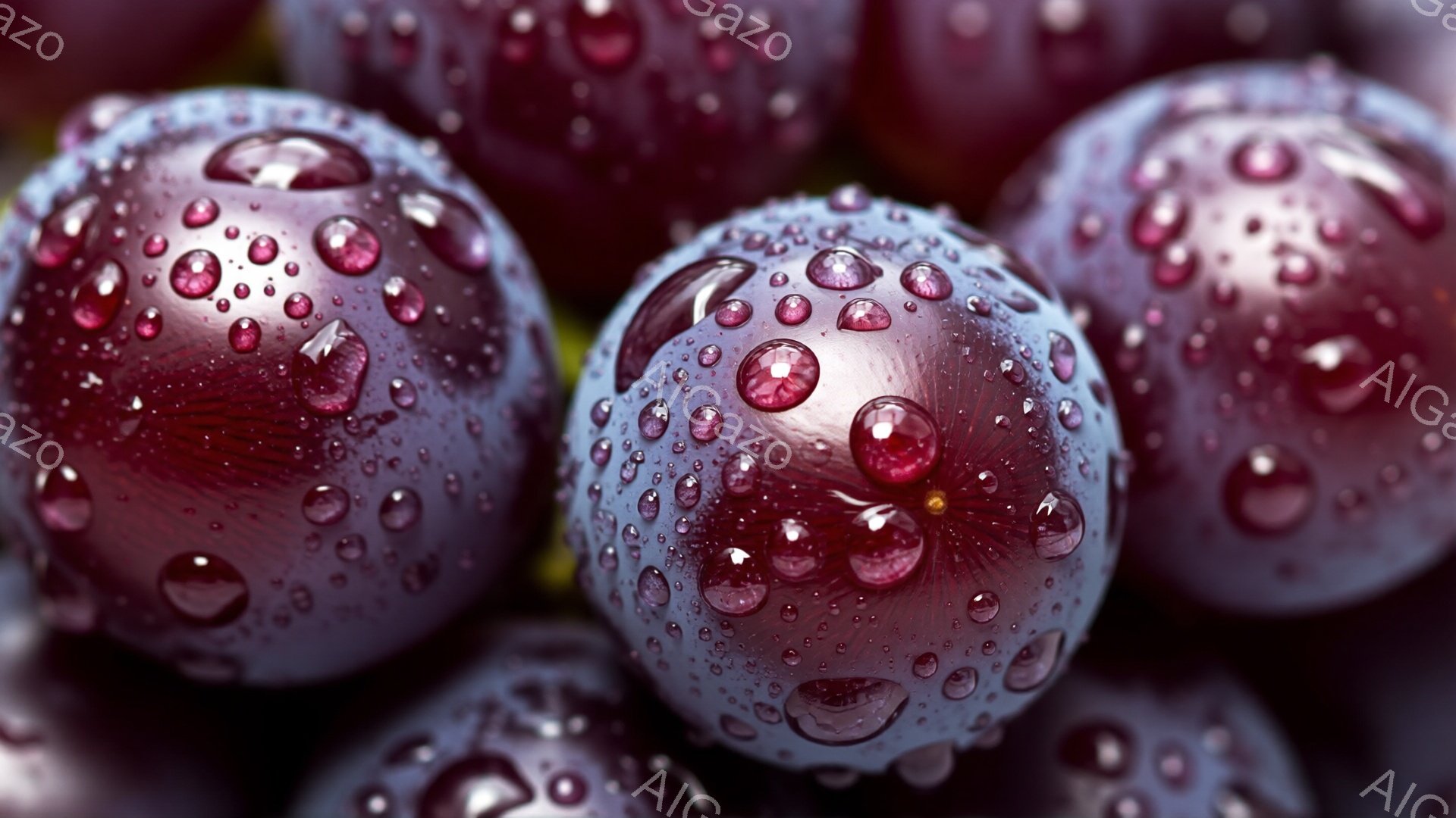 濃い紫色のぶどうが密集して写っており、それぞれの表面には水滴が光って付着している。背景はぼやけており、ぶどうの鮮やかな色彩と水滴の反射が際立っている。全体的に、みずみずしく、涼しげな印象を与えるクローズアップ写真である。