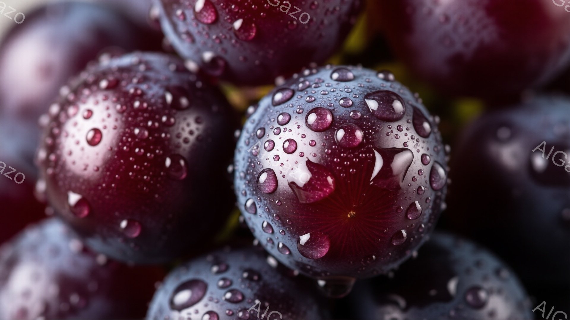 濃い紫色のぶどうが密集して写っており、表面には水滴がびっしりと付着している。光の反射により、水滴はキラキラと輝き、ぶどうの丸みを強調している。背景はぼかされており、ぶどうの鮮やかさと質感が際立っている。