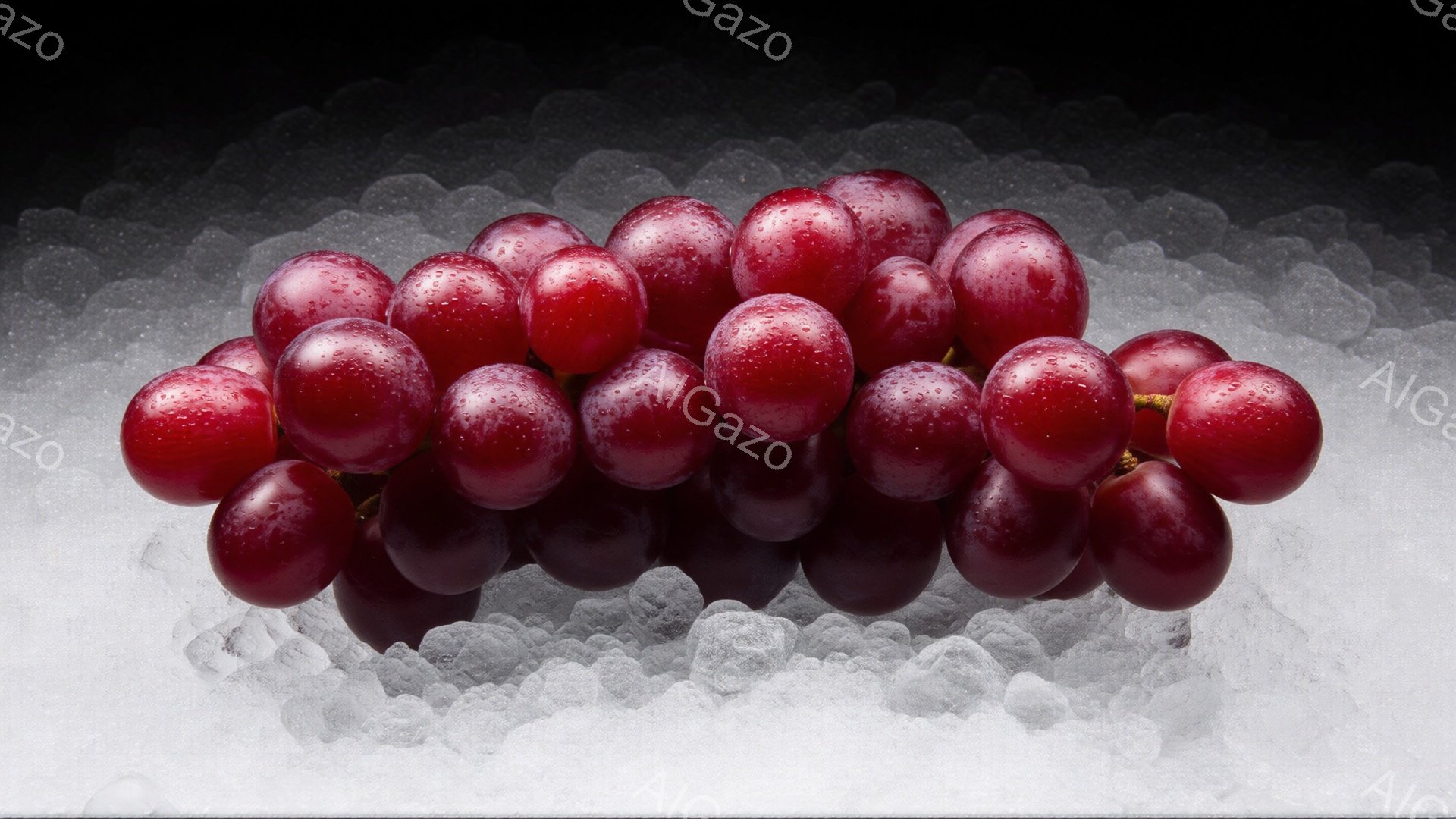 深い赤紫色のぶどうが、氷の上に密集して配置されている。一つ一つの粒には水滴が光り、新鮮さを強調している。背景は暗く、氷の白いコントラストがぶどうの色を引き立て、涼しげで爽やかな印象を与える。