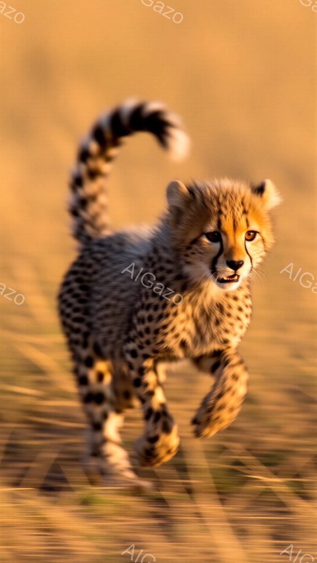 広大なサバンナを背景に、子チーターが勢いよく走っている様子が捉えられています。その毛並みは美しい斑点模様で覆われ、鋭い眼光は力強い意志を感じさせます。背景は夕暮れ時の黄金色に輝く草地で、スピード感と野生の息吹が伝わってくる一枚です。