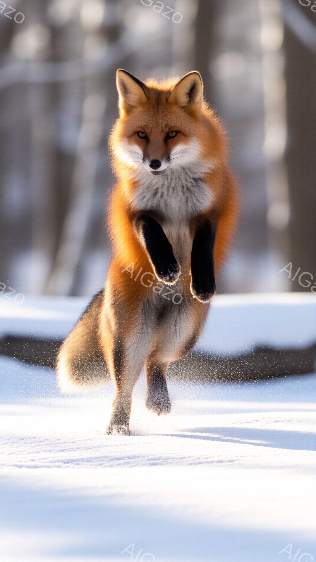 赤褐色の毛並みが美しいキツネが、雪原を飛び跳ねる姿が捉えられています。雪が舞い上がり、キツネの躍動感と冬の寒々しい雰囲気を強調しています。背景はぼやけた木々で、雪景色が広がり、キツネが雪の中を駆け抜ける様子が印象的です。