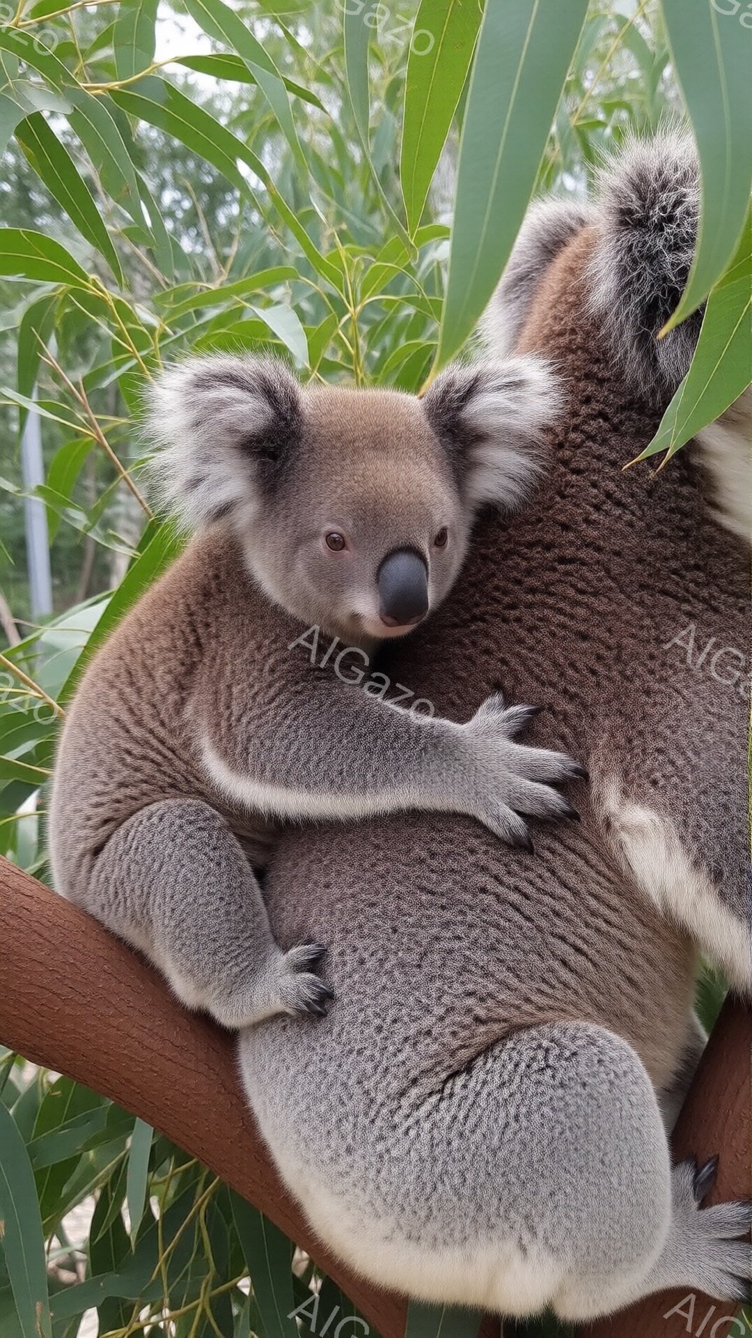 灰色のコアラが木の枝に抱きつき、親コアラにしっかりと抱きかかえられています。親コアラは落ち着いた表情で、子コアラを優しく守っている様子が伺えます。背景には緑の葉が生い茂り、穏やかで安らぎのある自然の雰囲気が漂っています。