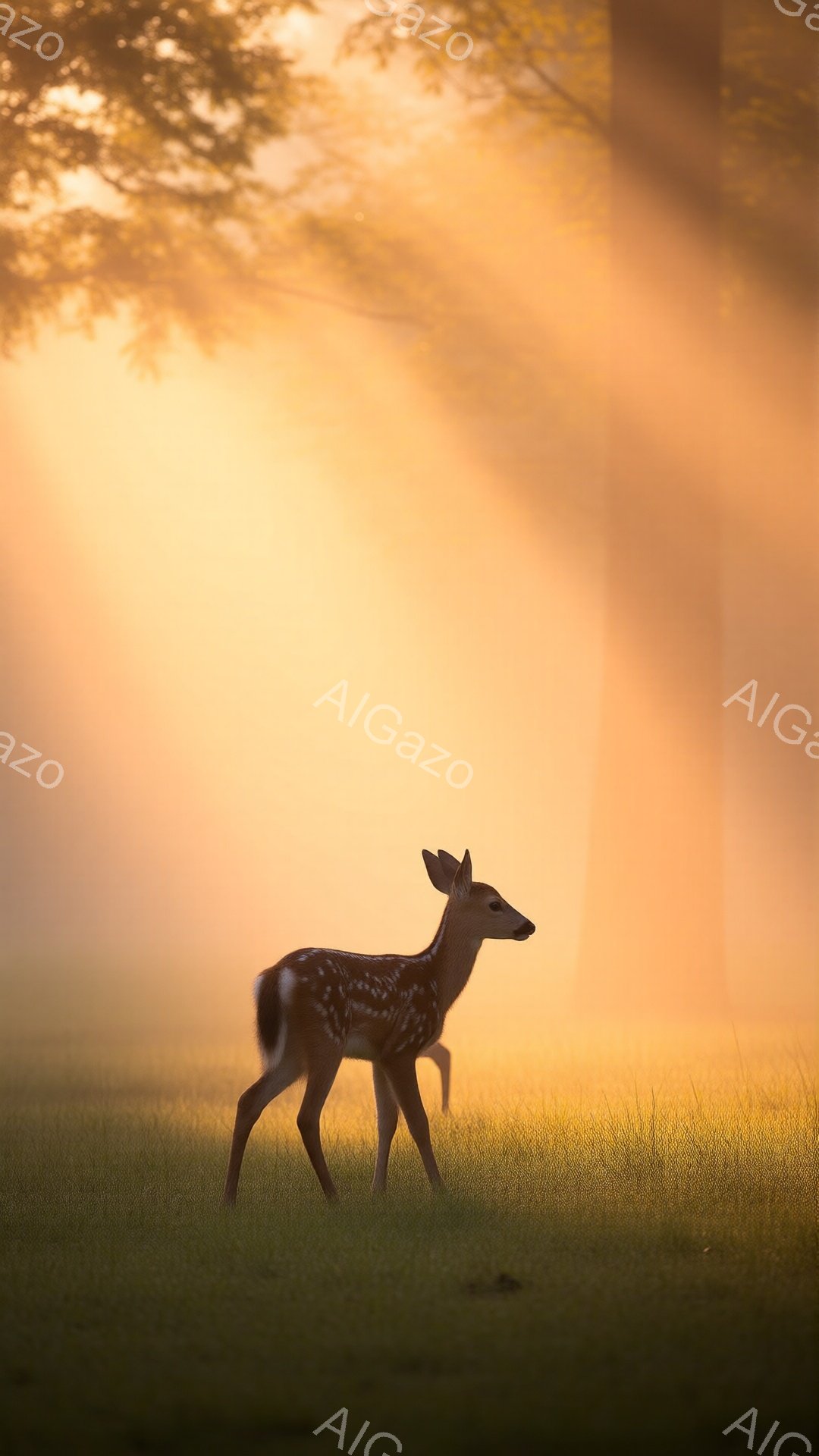 小さな子鹿が緑豊かな草地の中に立っており、朝日が差し込む森の中にいる様子が捉えられています。柔らかい光が子鹿の体に当たり、その斑点模様を際立たせています。全体的に暖かく、神秘的な雰囲気が漂う、穏やかで美しい情景です。