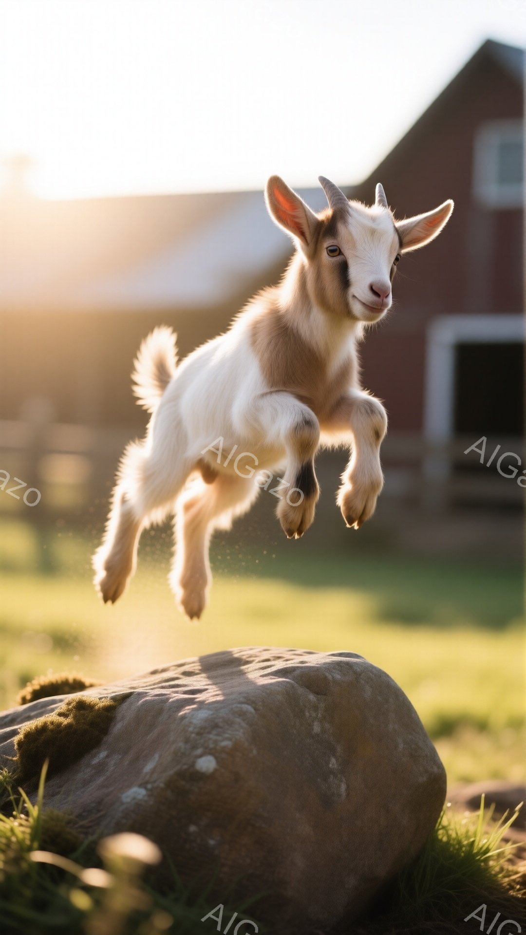 若いヤギが大きな岩の上から飛び降りる瞬間を捉えた写真です。ヤギは空中で四肢を伸ばし、楽しそうな表情をしています。背景には緑の草原、遠くには赤い農家と、穏やかな日差しが広がっており、遊び心と自然の温かさを感じさせる一枚です。