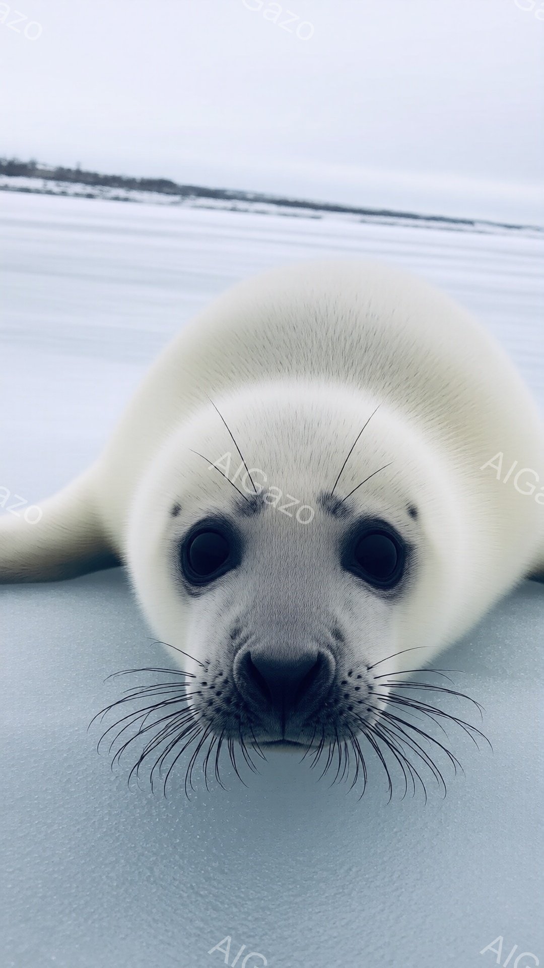 白い毛並みを持つアザラシが、まるでこちらを見つめているかのようにカメラの正面に顔を出し、愛らしい表情をしています。背景は青白い氷の平原が広がり、遠くにはぼんやりとした陸地が見えます。全体的に、可愛らしく、少し幻想的な雰囲気です。