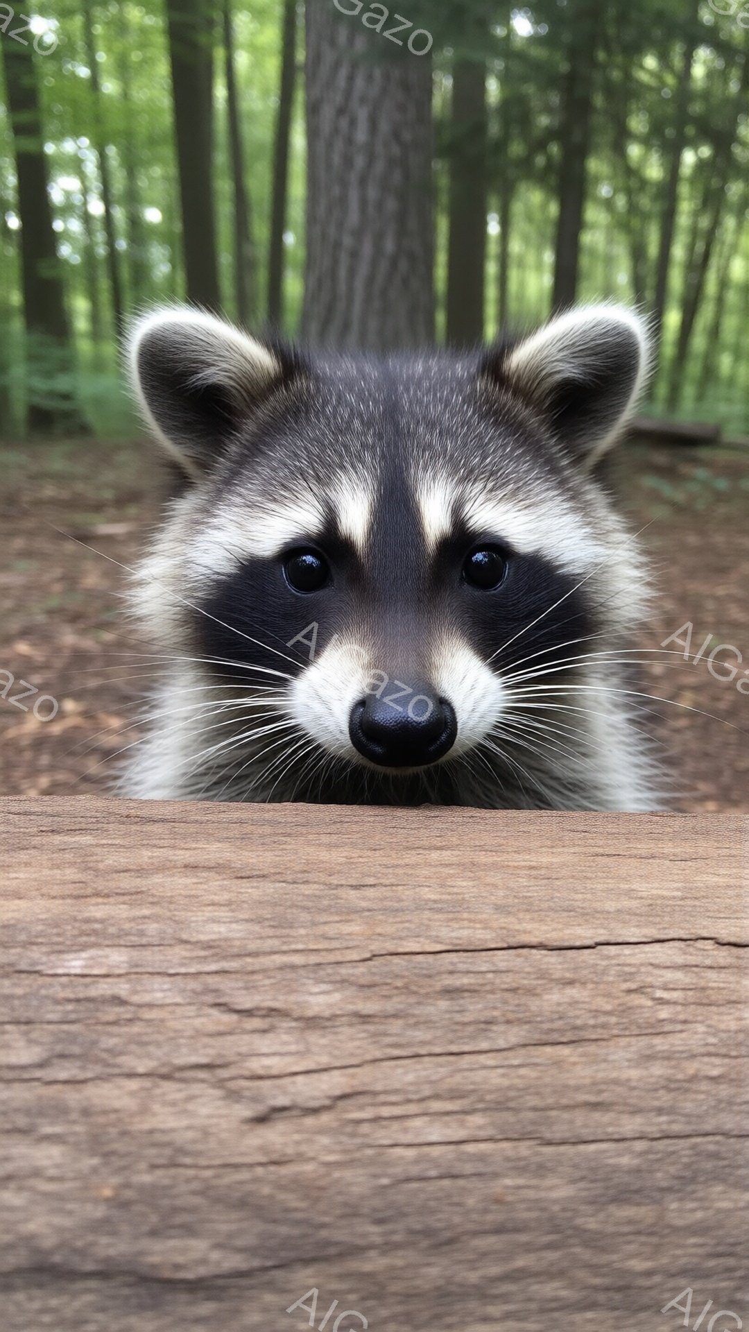 アライグマが木製の柵の上から顔を覗かせています。つぶらな瞳と白いひげが愛らしい表情を作り出しており、好奇心旺盛な様子が伺えます。背景には緑豊かな森林が広がり、自然の中でリラックスした雰囲気が漂っています。