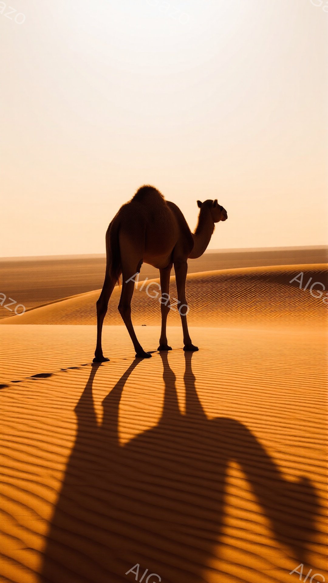 広大な砂漠の中にラクダが一頭立っている。夕焼けの光が砂丘を照らし、ラクダの長い影が砂の上に伸びている。暖色系の色調が全体を包み込み、静寂で神秘的な雰囲気を醸し出している。