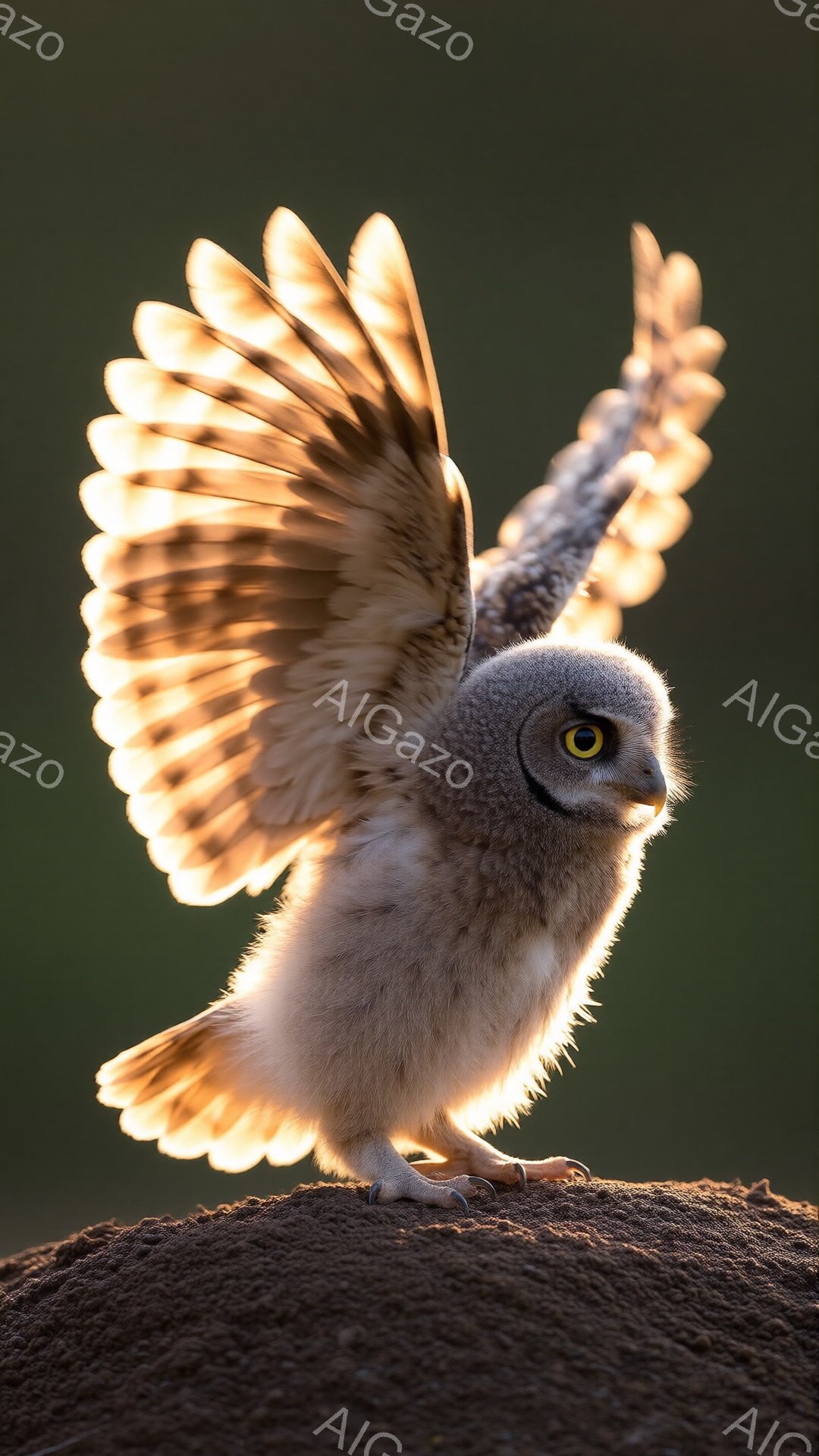 ふわふわとした白い羽を広げた小さなフクロウが、土の盛り上がった場所にとまっています。その目は鋭く、前を見据え、まるで何かを見つけたかのような表情をしています。背景は暗い緑色で、フクロウの白い羽が際立っており、神秘的で力強い雰囲気を醸し出しています。