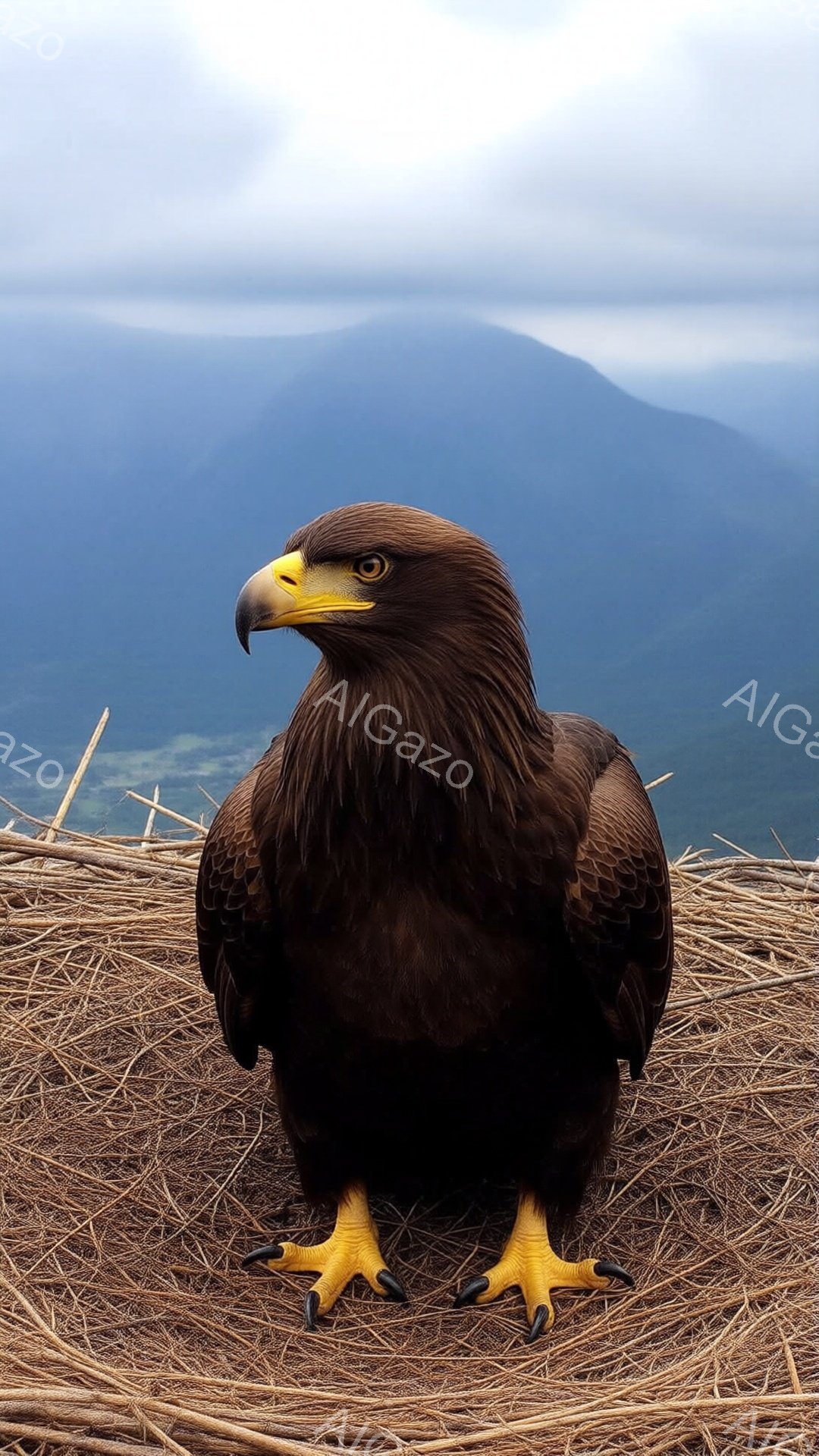 茶褐色の大型の猛禽類が、わらで編まれた巣のような場所にとまっており、鋭い視線で正面を見つめている。背景には青みがかった山々が霞んで見え、天候は曇り空で、全体的に静寂で力強い雰囲気が漂っている。鮮やかな黄色のくちばしと足が、茶色の羽毛とのコントラストを際立たせている。