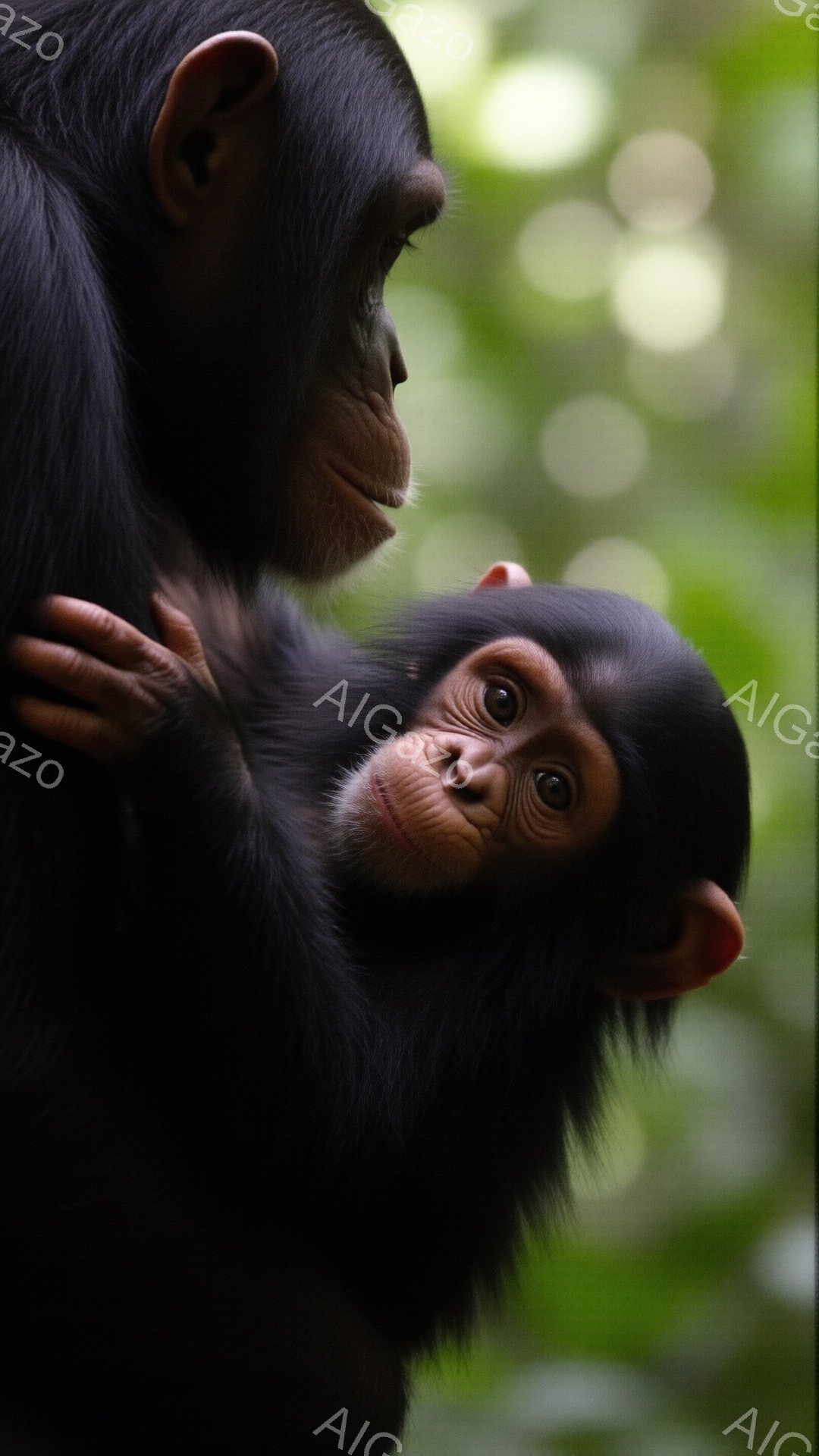 暗い緑の背景を背景に、母親のチンパンジーが幼いチンパンジーを抱きかかえています。幼いチンパンジーは母親の肩越しにカメラを見つめており、好奇心と少しの不安が入り混じった表情をしています。全体的に、穏やかで愛情に満ちた、自然な瞬間を捉えた写真です。