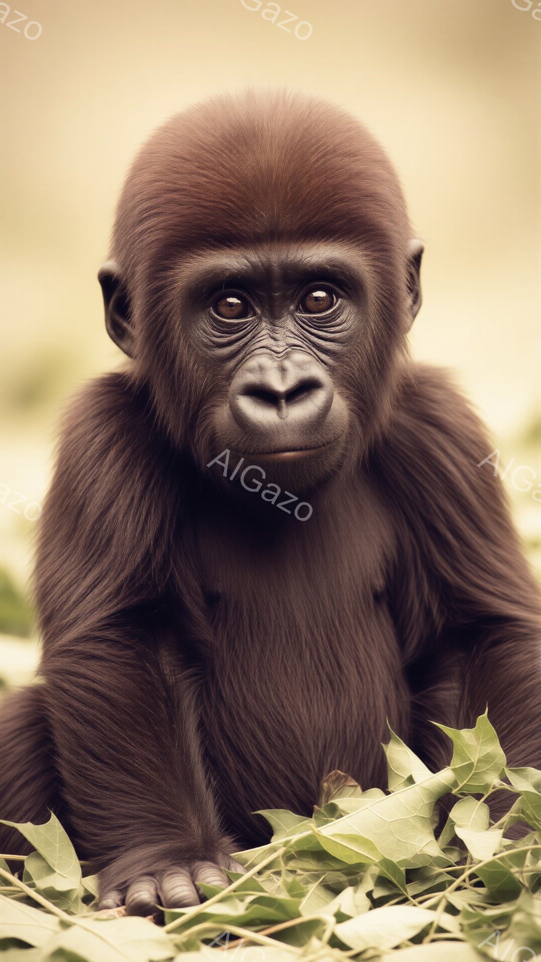 幼いゴリラが、緑の葉の上に座ってこちらを見つめている。つぶらな瞳は好奇心旺盛で、少しいたずらっぽい表情をしている。背景はぼやけており、自然な環境であることがわかる。