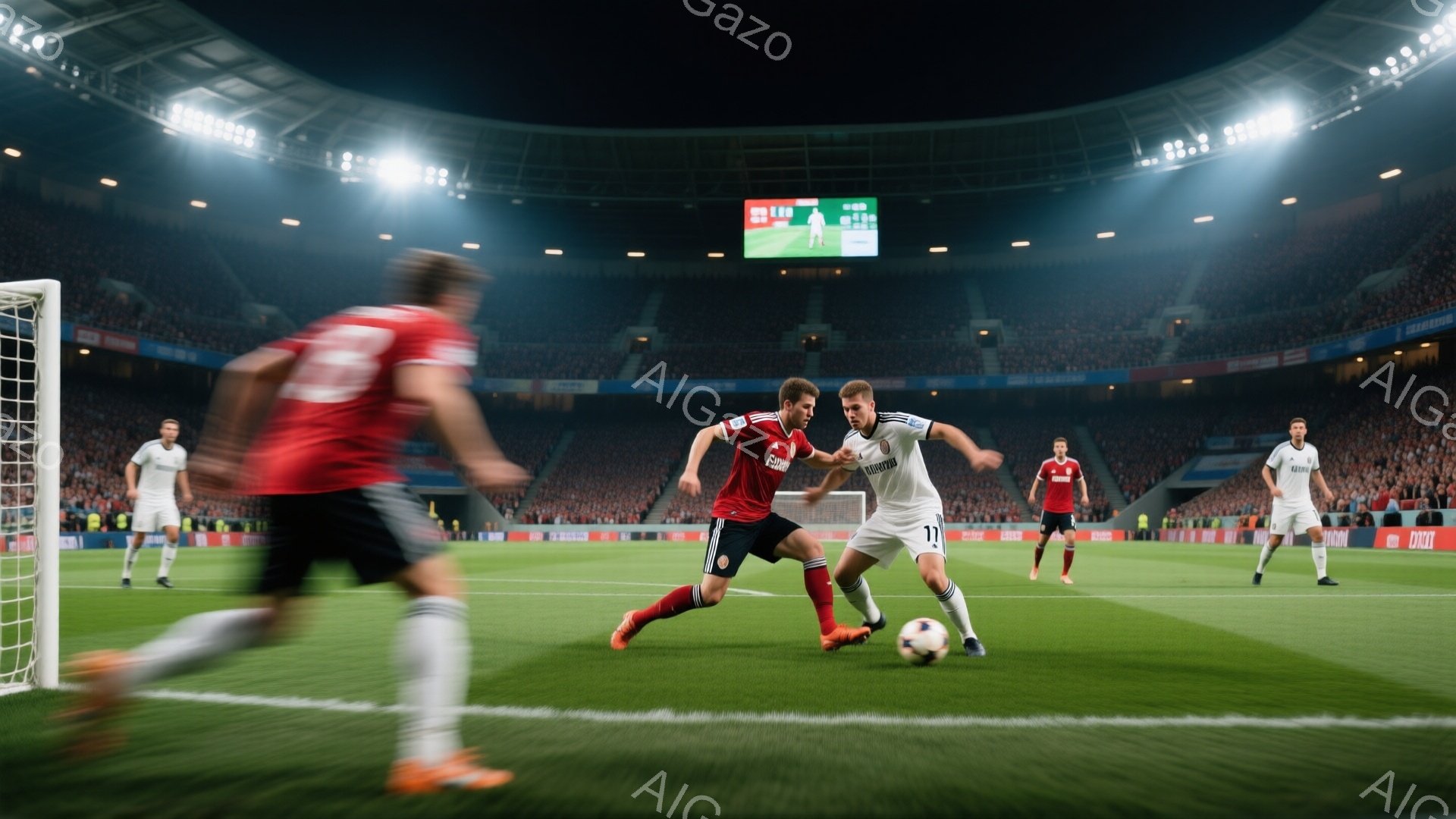 サッカーの試合中に、白と黒のユニフォームを着た二人の選手がボールを巡って競り合っている様子が捉えられています。選手の表情は真剣で、動きの速さから競技の激しさが伝わってきます。背景には満員の観客席と照明 - AI生成フリー素材