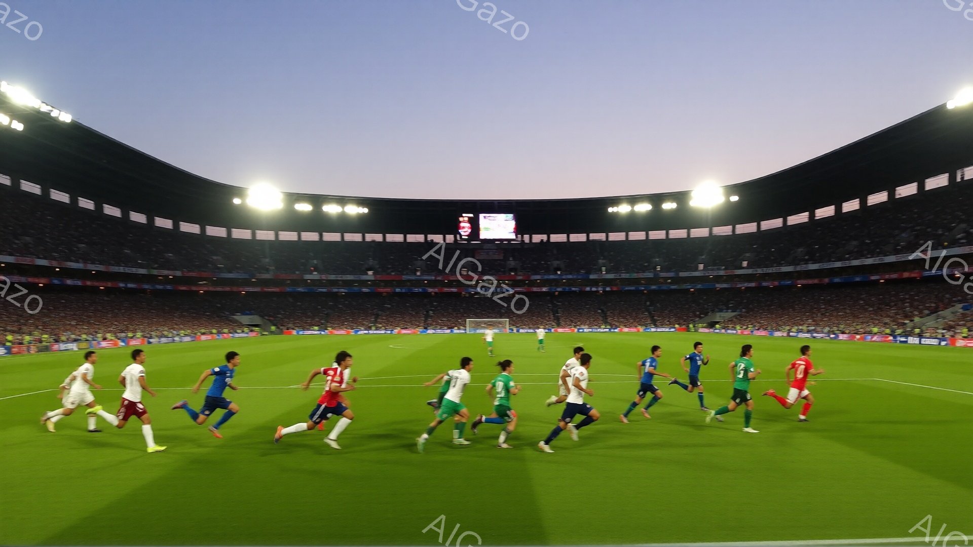 広大なサッカー競技場では、複数の選手が試合中に一斉に走り出している様子が捉えられています。選手たちはそれぞれ異なる色のユニフォームを着用しており、白、赤、緑などの鮮やかな色が目立ちます。競技場の観客席は多くの観客で埋め尽くされており、活気と興奮に満ちた雰囲気が伝わってきます。